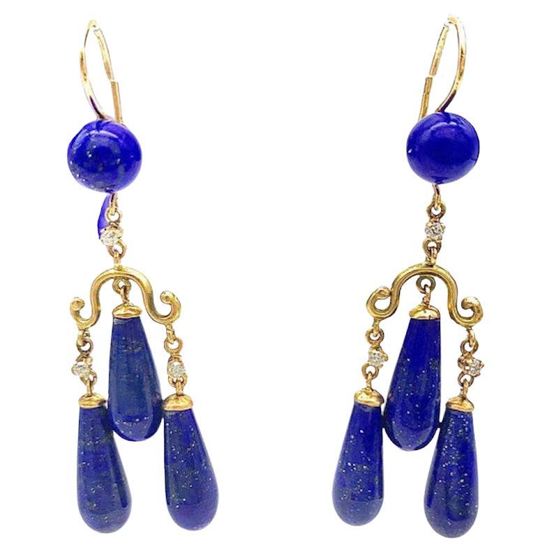 Antique Dangling Drop goold Earrings Lapis Lazuli Diamonds  For Sale