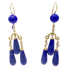 Antique Dangling Drop goold Earrings Lapis Lazuli Diamonds 