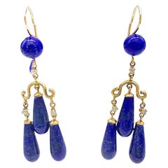 Antique Dangling Drop goold Earrings Lapis Lazuli Diamonds
