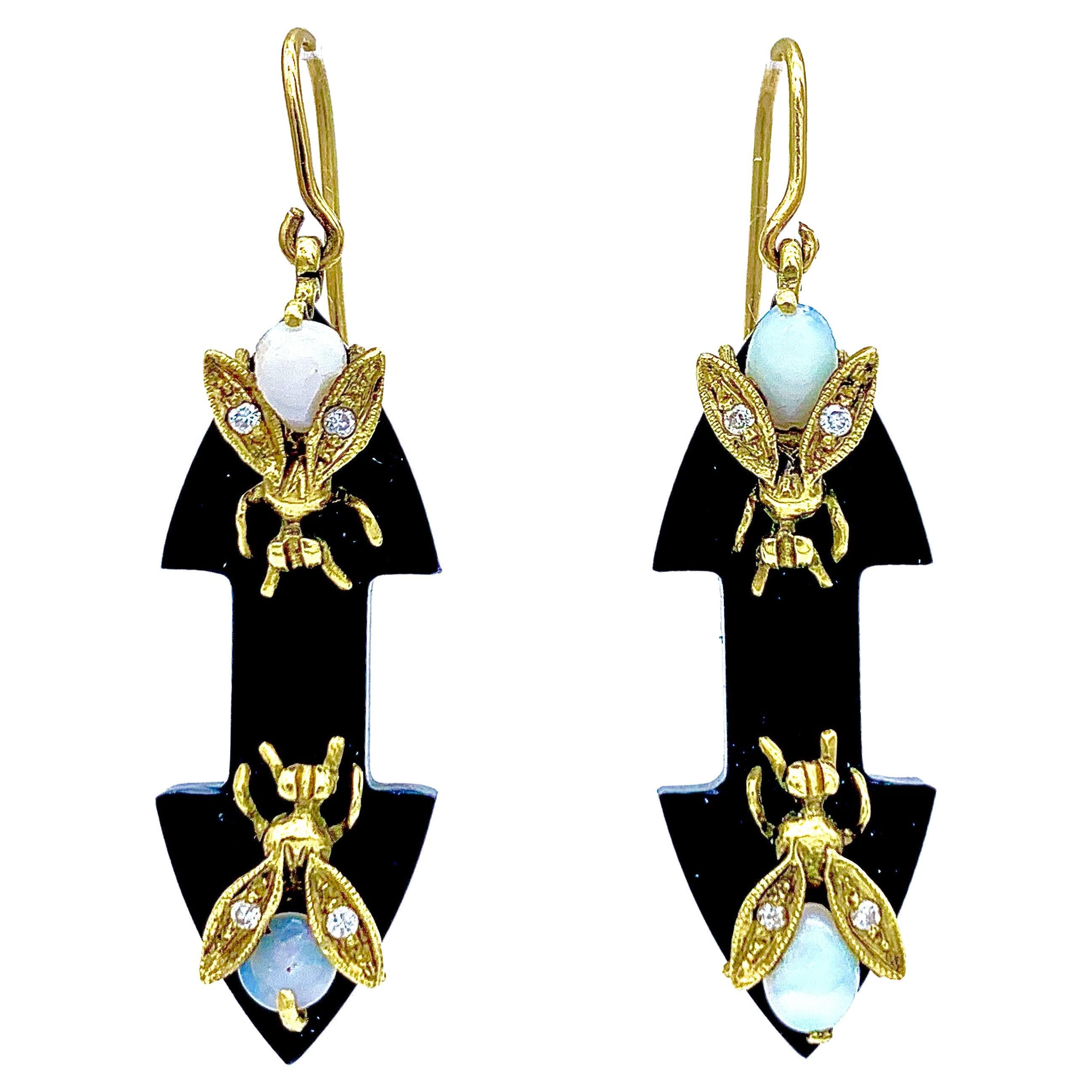 Antique Dangling Earrings Fly Against The Evil Eye Onyx Opal Diamond 14 Kt Gold For Sale