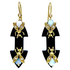 Antique Dangling Earrings Fly Against The Evil Eye Onyx Opal Diamond 14 Kt Gold