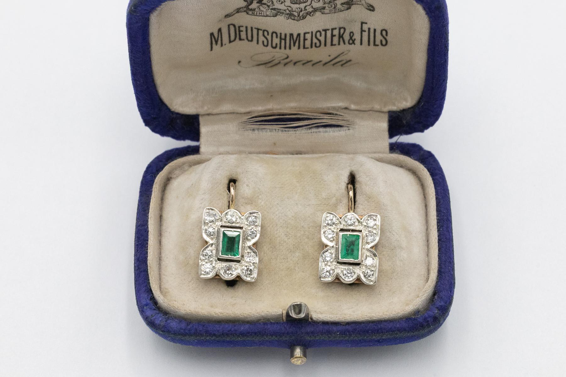 Antike baumelnde Ohrringe mit Smaragden und Diamanten, Österreich-Ungarn, 1940er Jahre (Smaragdschliff) im Angebot
