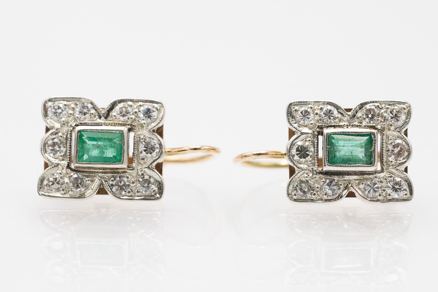 Antike baumelnde Ohrringe mit Smaragden und Diamanten, Österreich-Ungarn, 1940er Jahre im Zustand „Gut“ im Angebot in Chorzów, PL