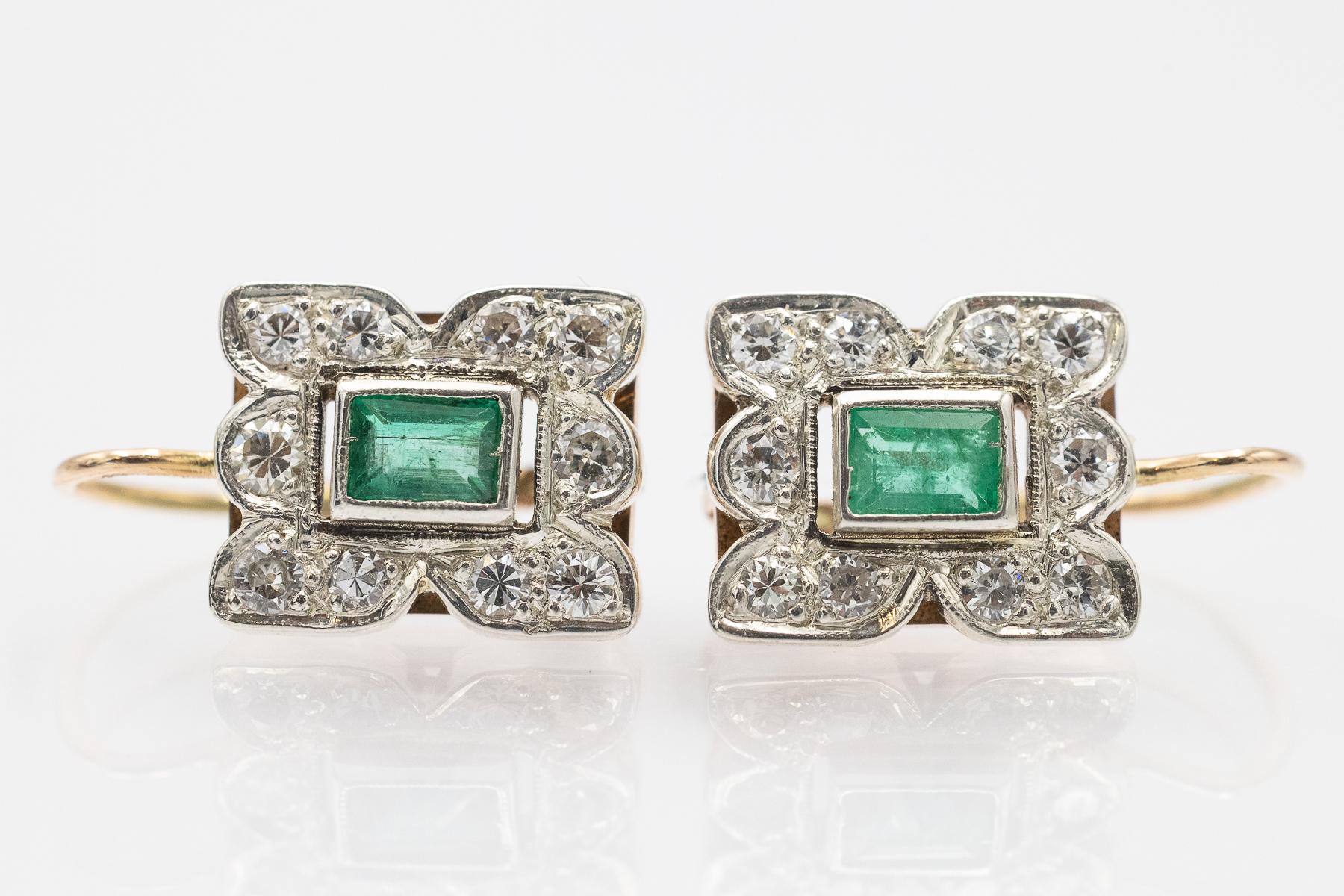 Antike baumelnde Ohrringe mit Smaragden und Diamanten, Österreich-Ungarn, 1940er Jahre Damen im Angebot
