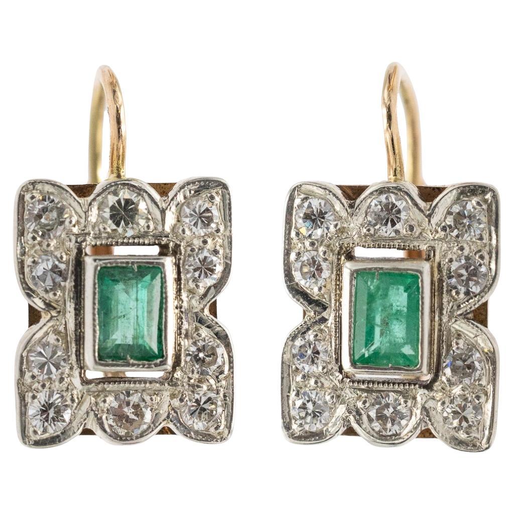 Boucles d'oreilles pendantes anciennes avec émeraudes et diamants, Autriche-Hongrie, années 1940