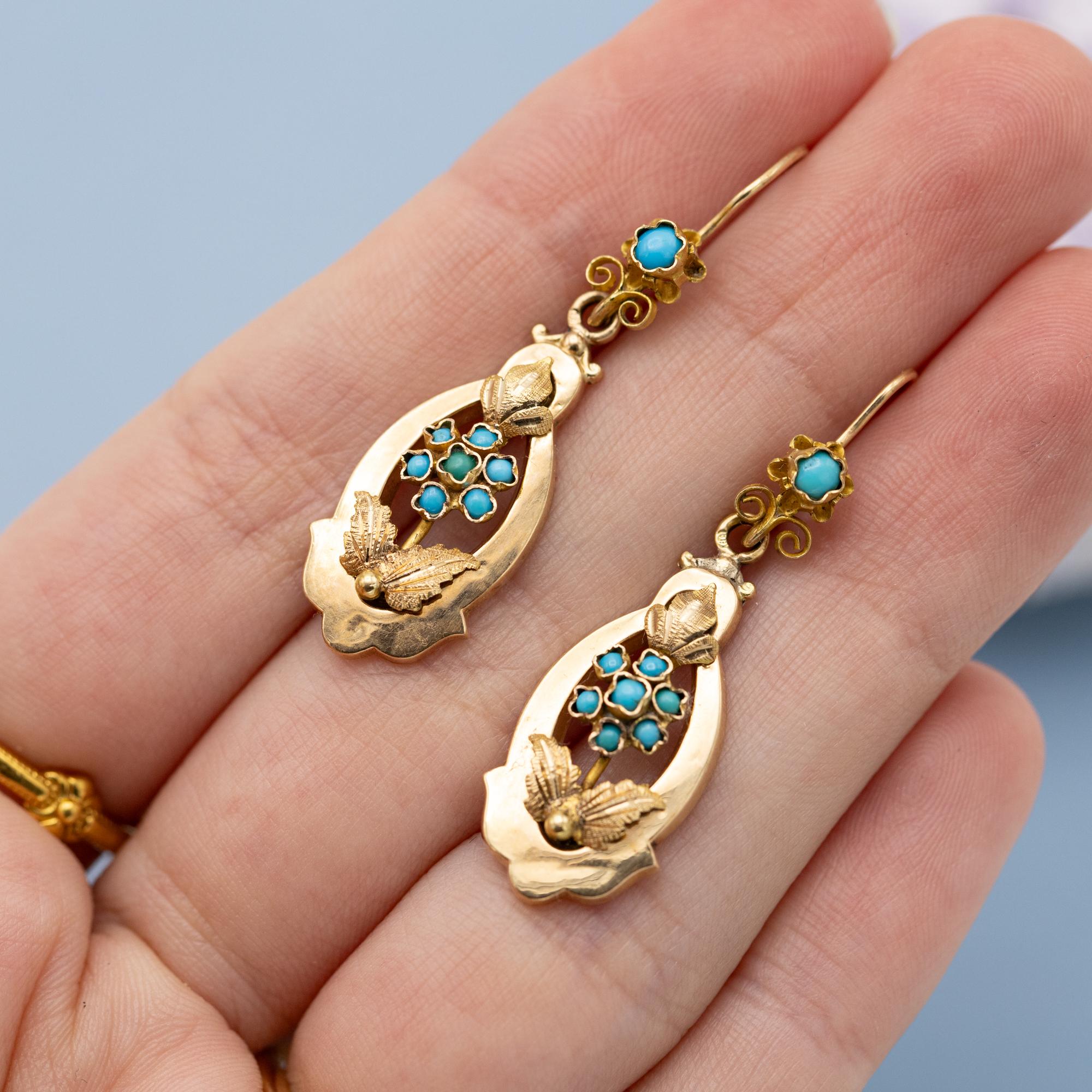 Antique Dangling Victorian earrings - Floral 19th century - solid gold turquoise 5