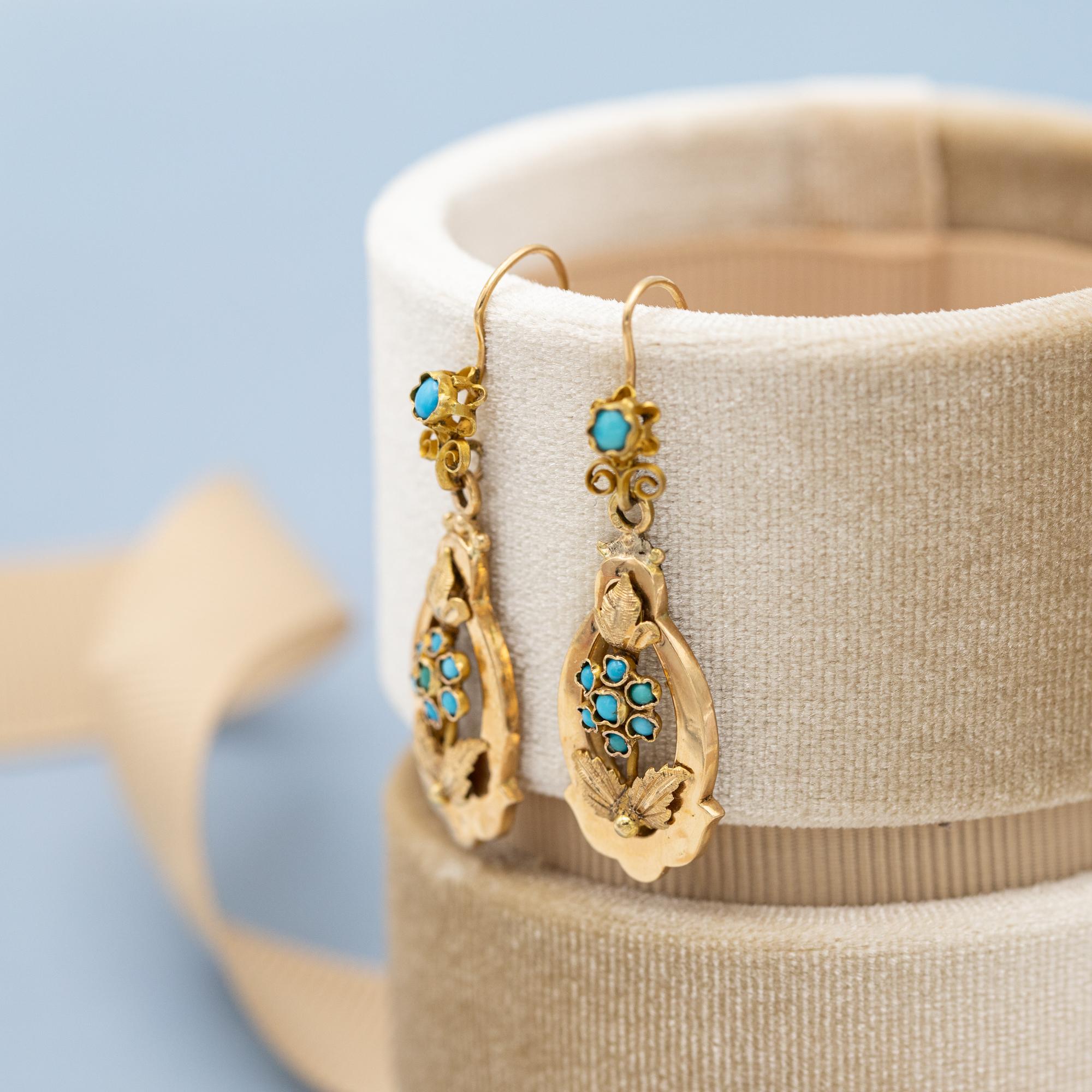 Antique Dangling Victorian earrings - Floral 19th century - solid gold turquoise 6
