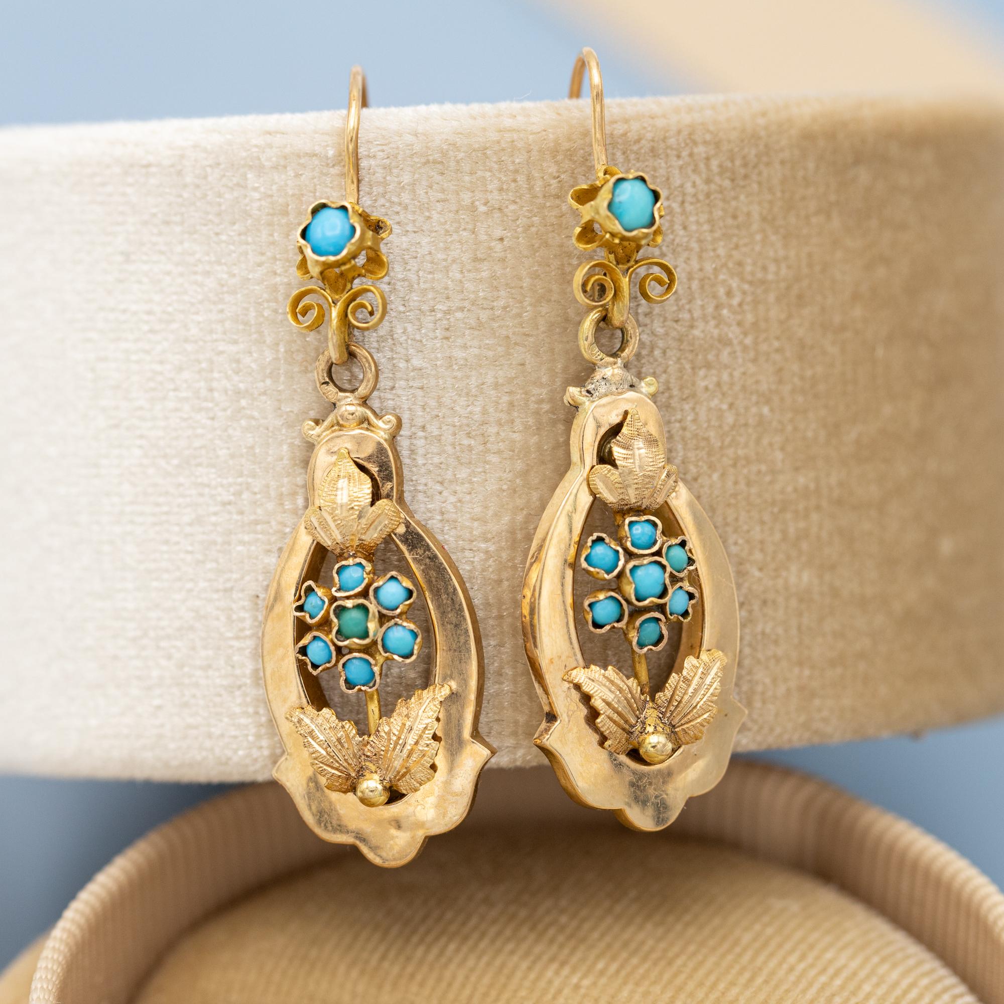 Antique Dangling Victorian earrings - Floral 19th century - solid gold turquoise 7