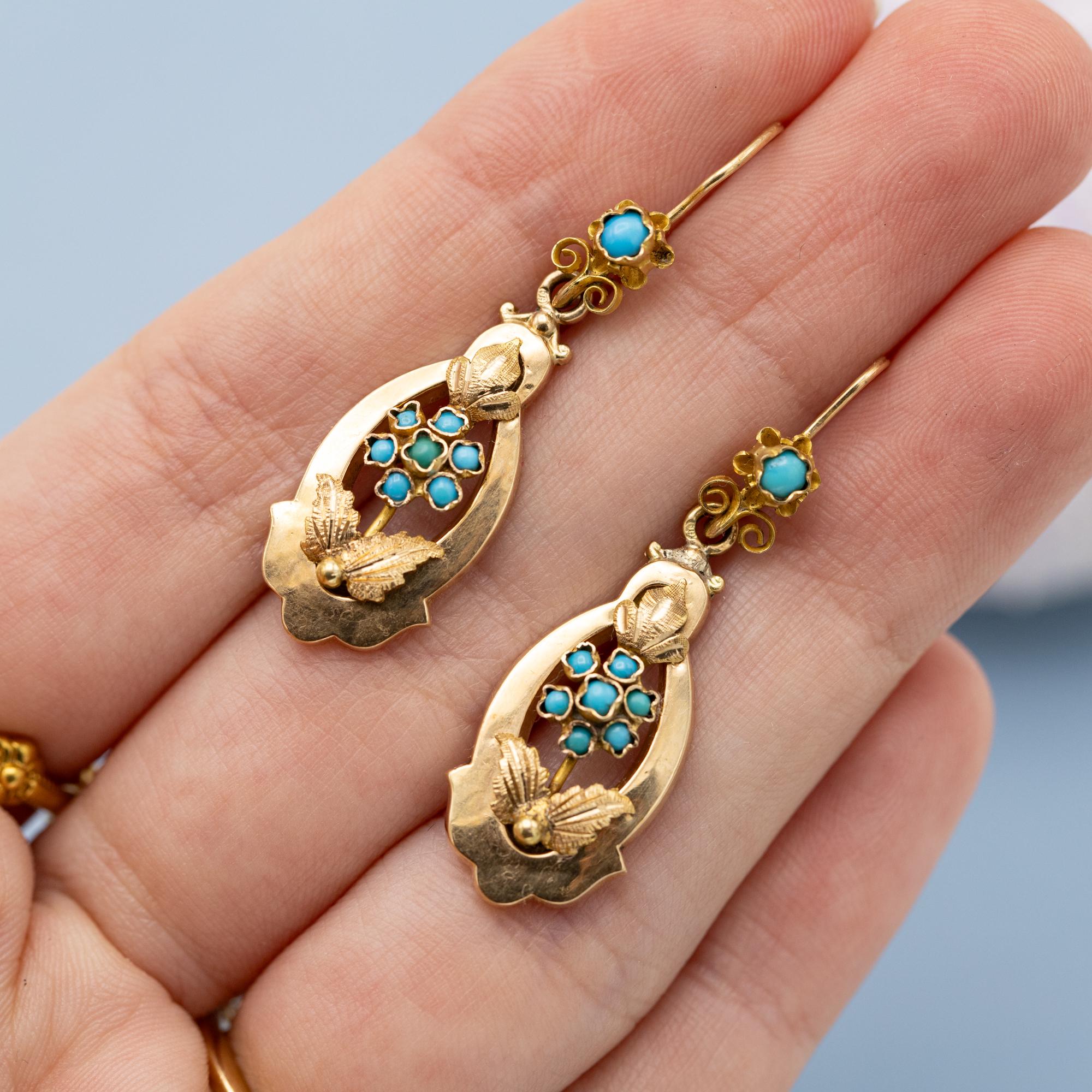 Round Cut Antique Dangling Victorian earrings - Floral 19th century - solid gold turquoise