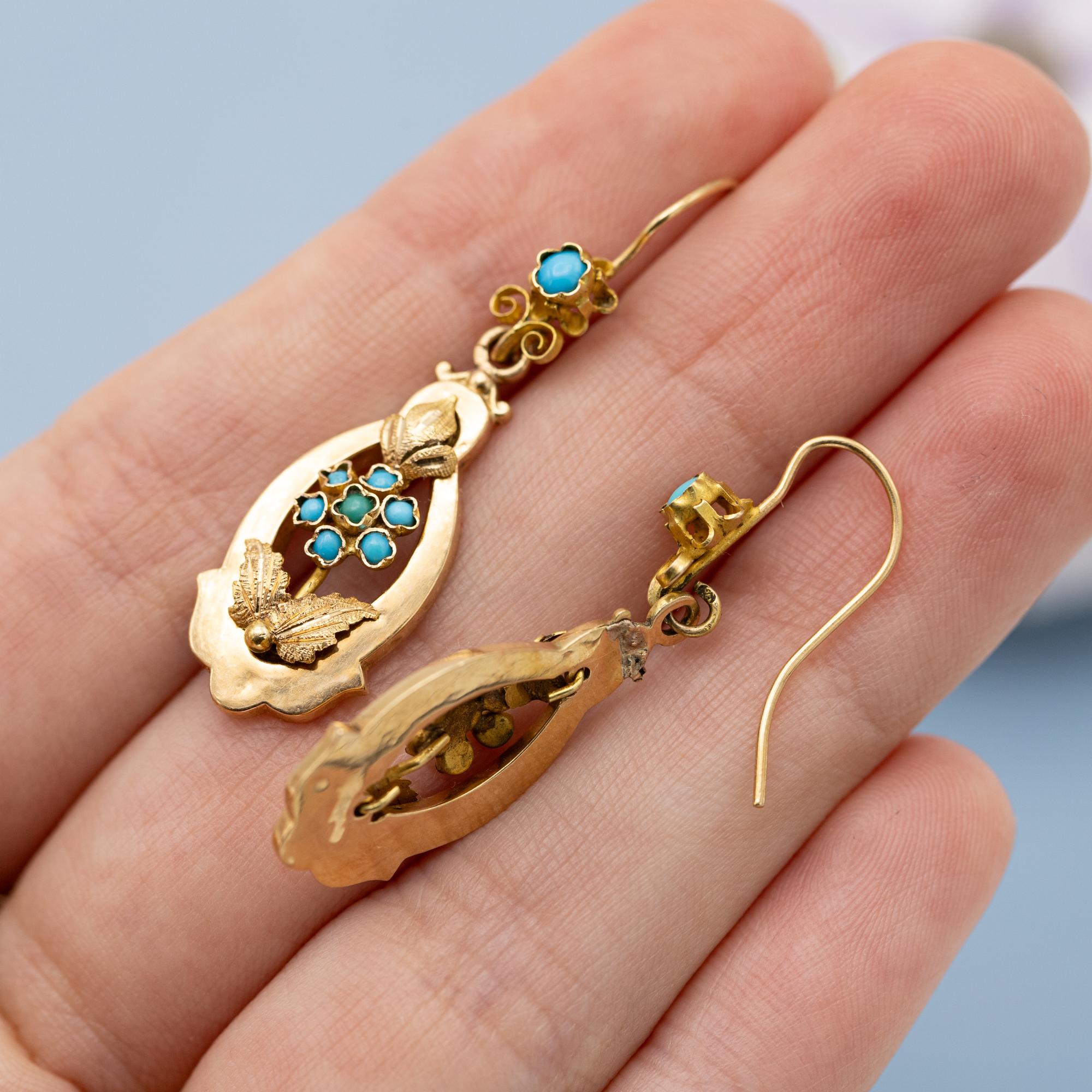 Antique Dangling Victorian earrings - Floral 19th century - solid gold turquoise In Good Condition In Antwerp, BE