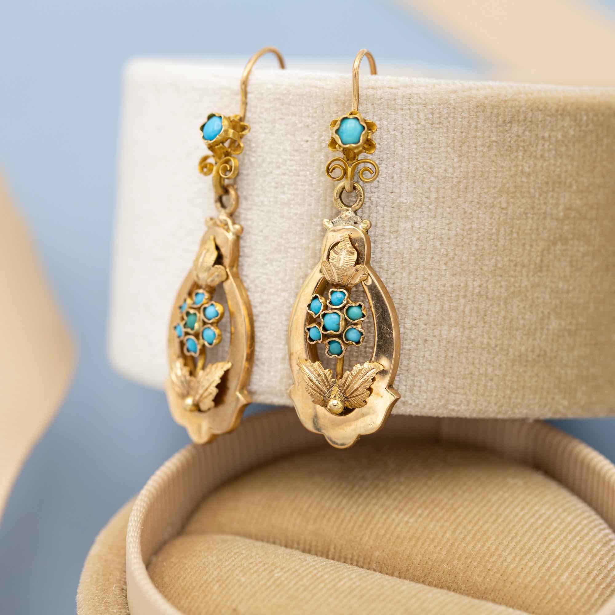 Antique Dangling Victorian earrings - Floral 19th century - solid gold turquoise 1