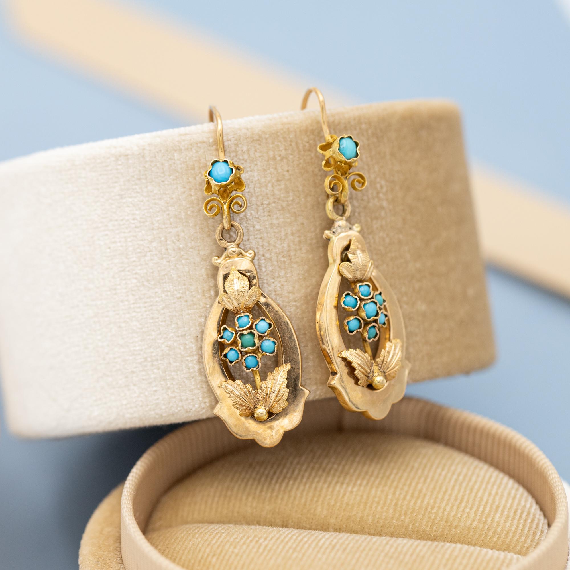 Antique Dangling Victorian earrings - Floral 19th century - solid gold turquoise 2