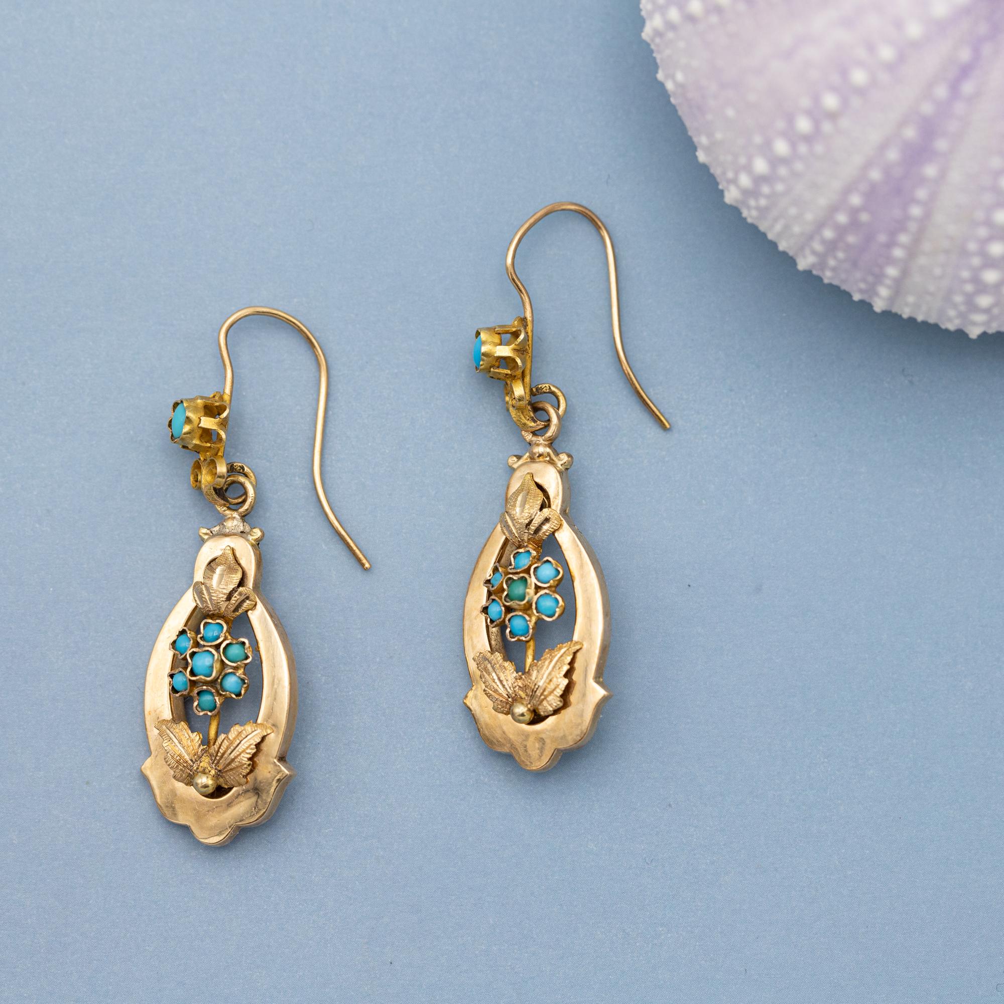 Antique Dangling Victorian earrings - Floral 19th century - solid gold turquoise 3