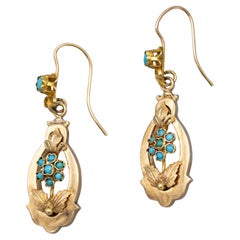 Antique Dangling Victorian earrings - Floral 19th century - solid gold turquoise