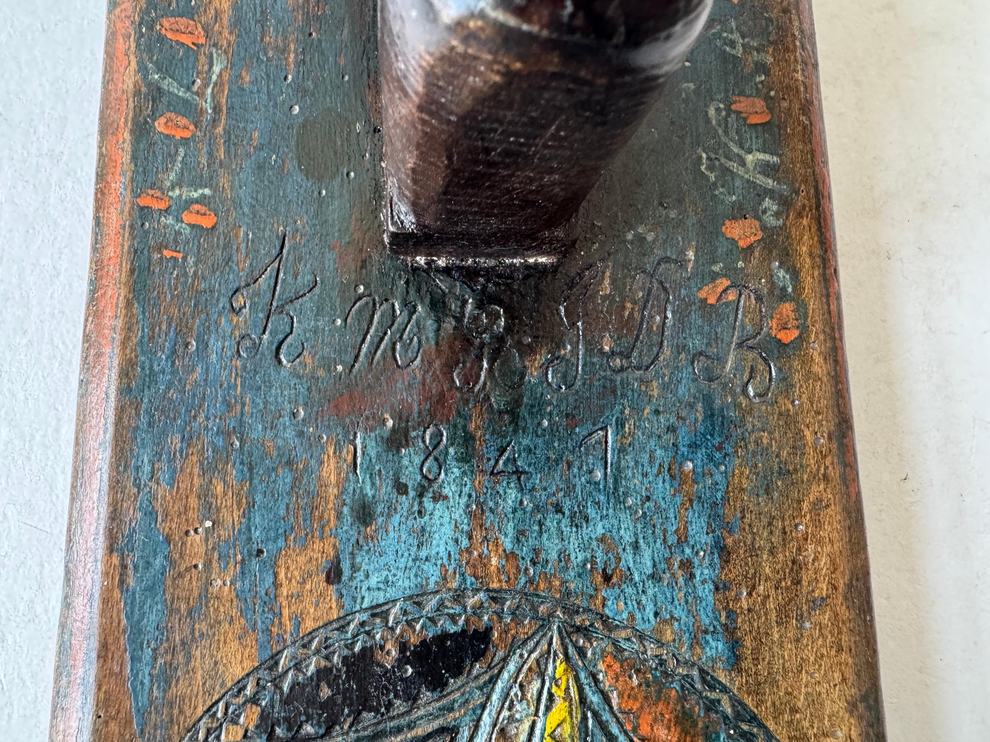 Folk Art Antique Danish 1841 Mangle Board Wedding Love Gift Colorful Hand-Carved Wood For Sale
