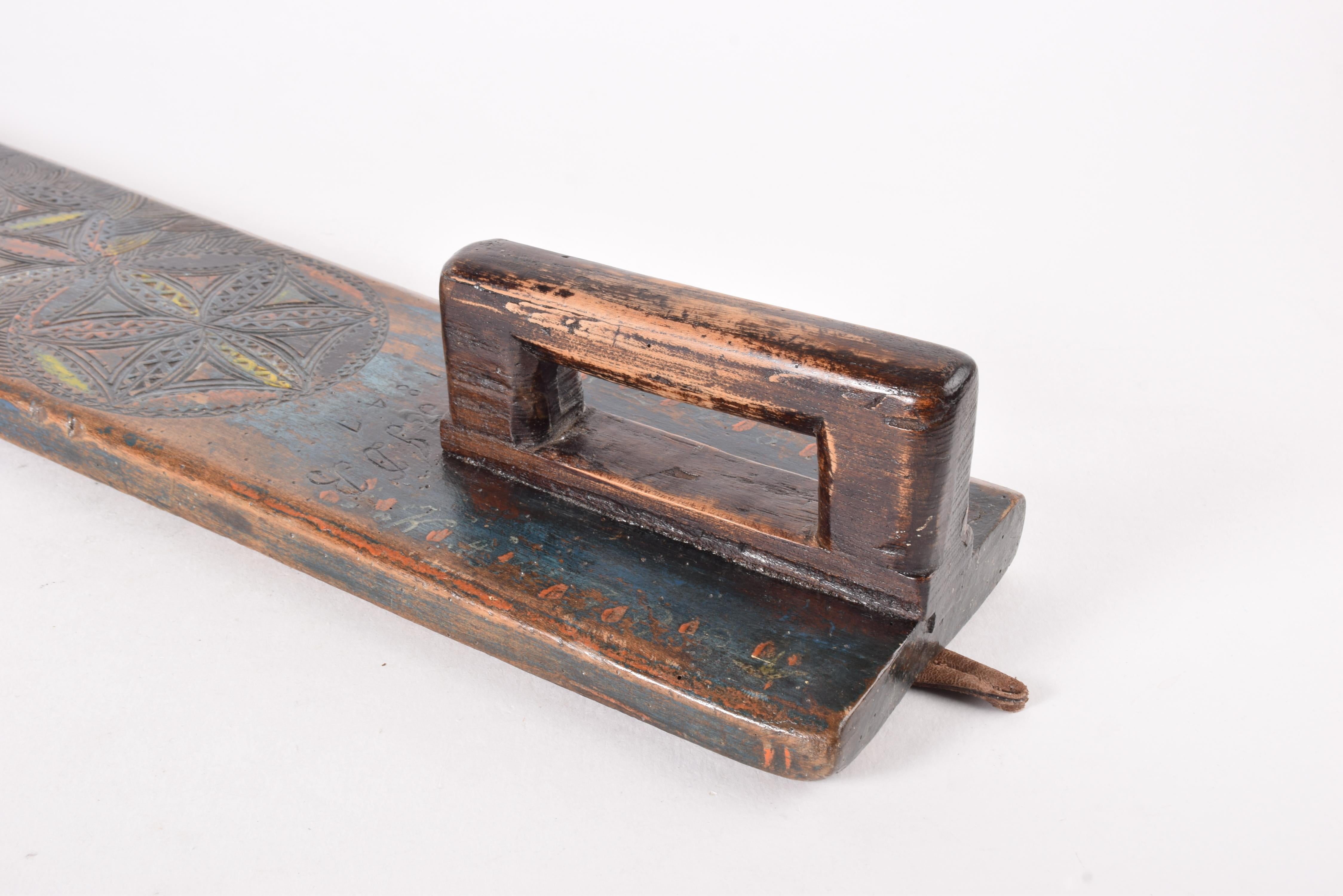 Antique Danish 1841 Mangle Board Wedding Love Gift Colorful Hand-Carved Wood For Sale 1