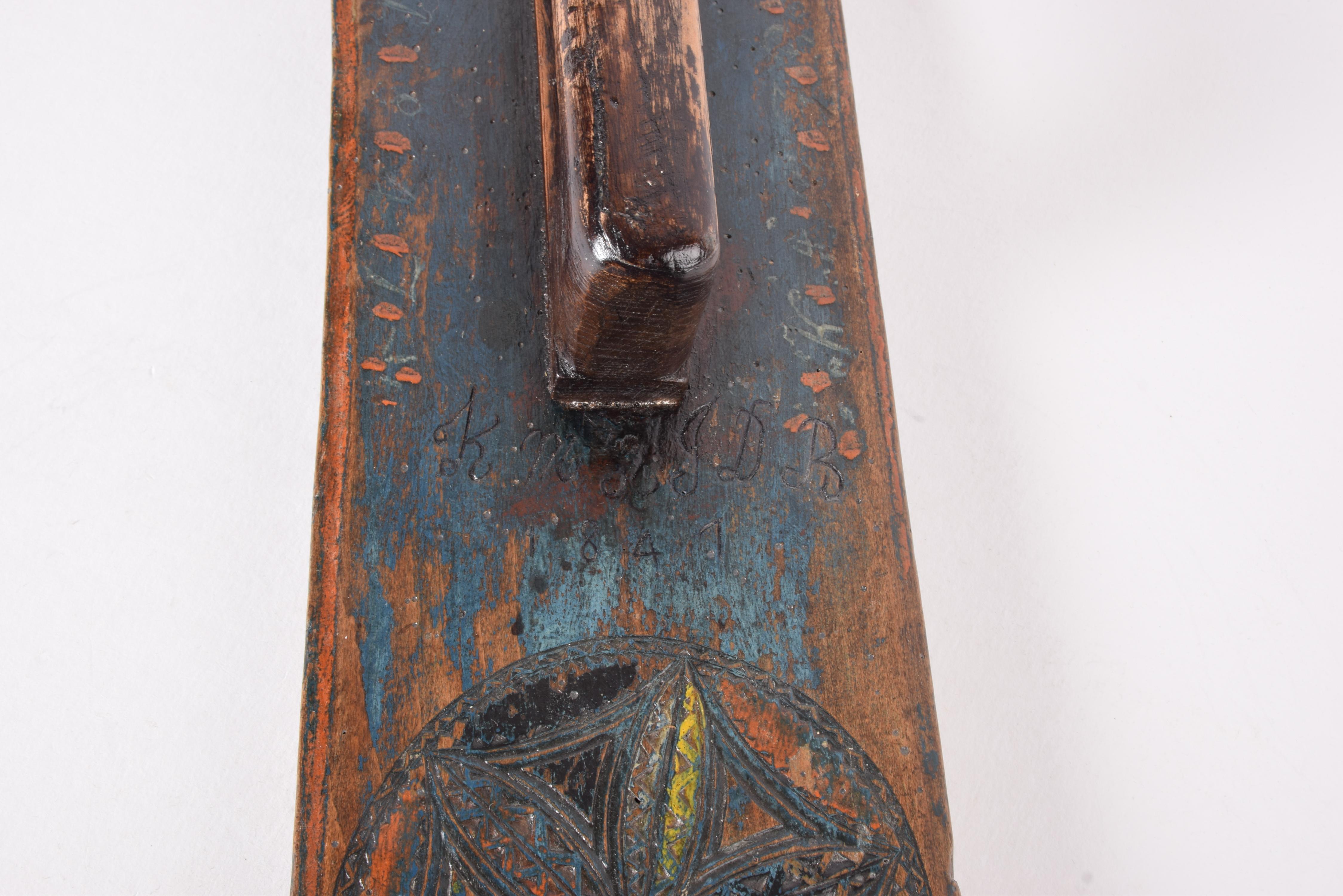 Antique Danish 1841 Mangle Board Wedding Love Gift Colorful Hand-Carved Wood For Sale 2