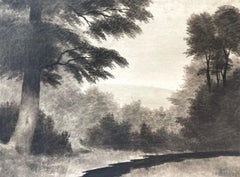 Antique Danish 1920s coal drawing of landscape by H P Carlsen (1855-1950)