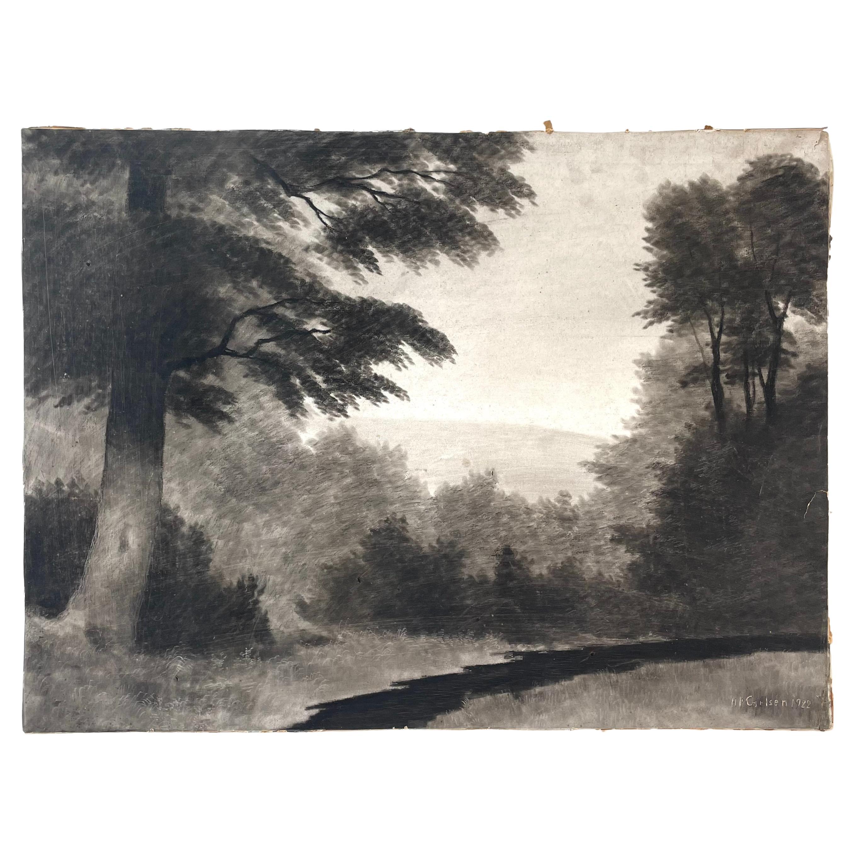 Antico disegno a carbone danese degli anni '20 di un paesaggio di H. H. Carlsen (1855-1950)