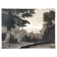 Antico disegno a carbone danese degli anni '20 di un paesaggio di H. H. Carlsen (1855-1950)