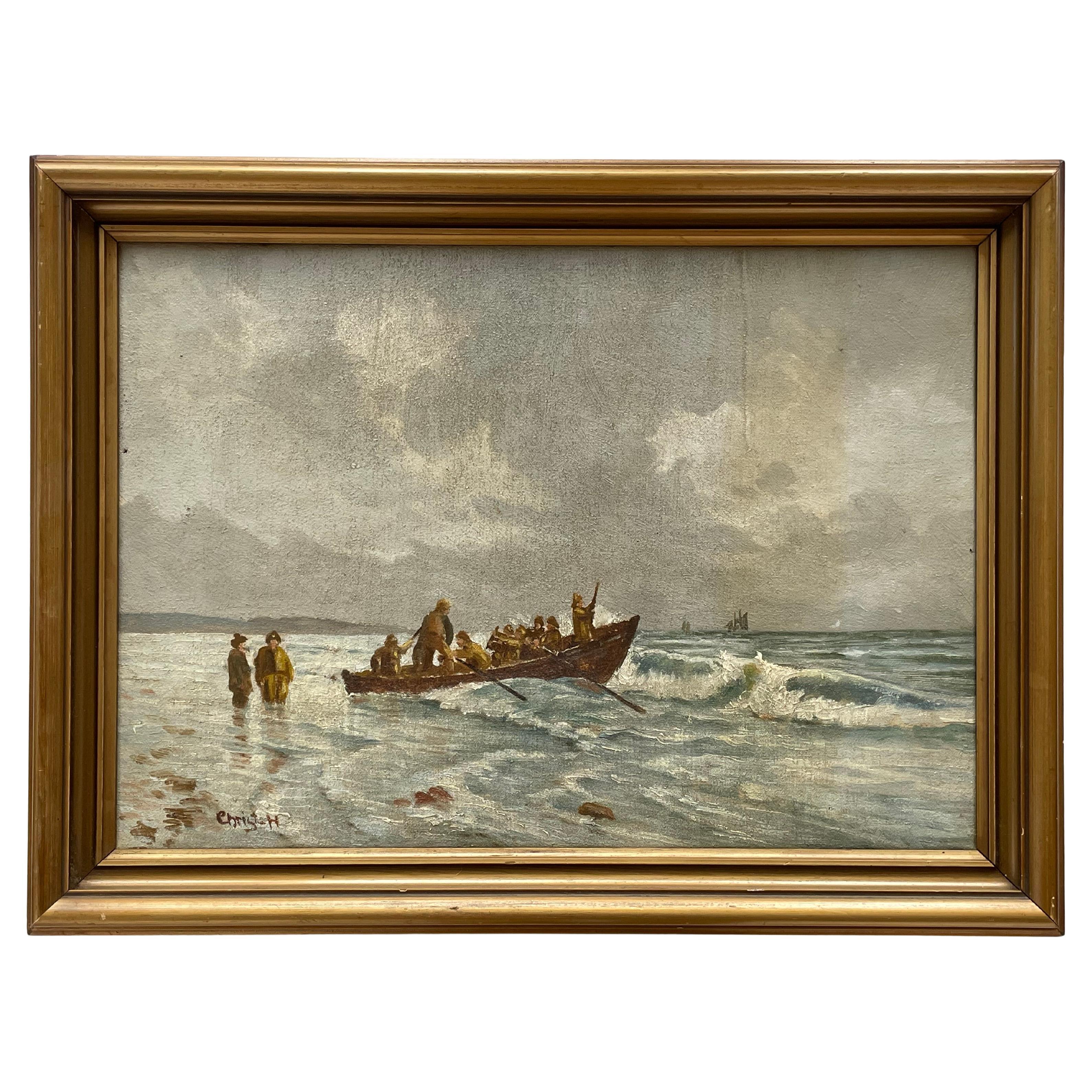 Antique Danish 1920s maritime oil painting of fishermen and boat in stormy sea
