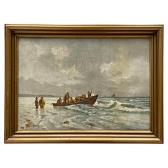 Antique Danish 1920s maritime oil painting of fishermen and boat in stormy sea Antique Danish 1920s maritime oil painting of fishermen and boat in stormy sea