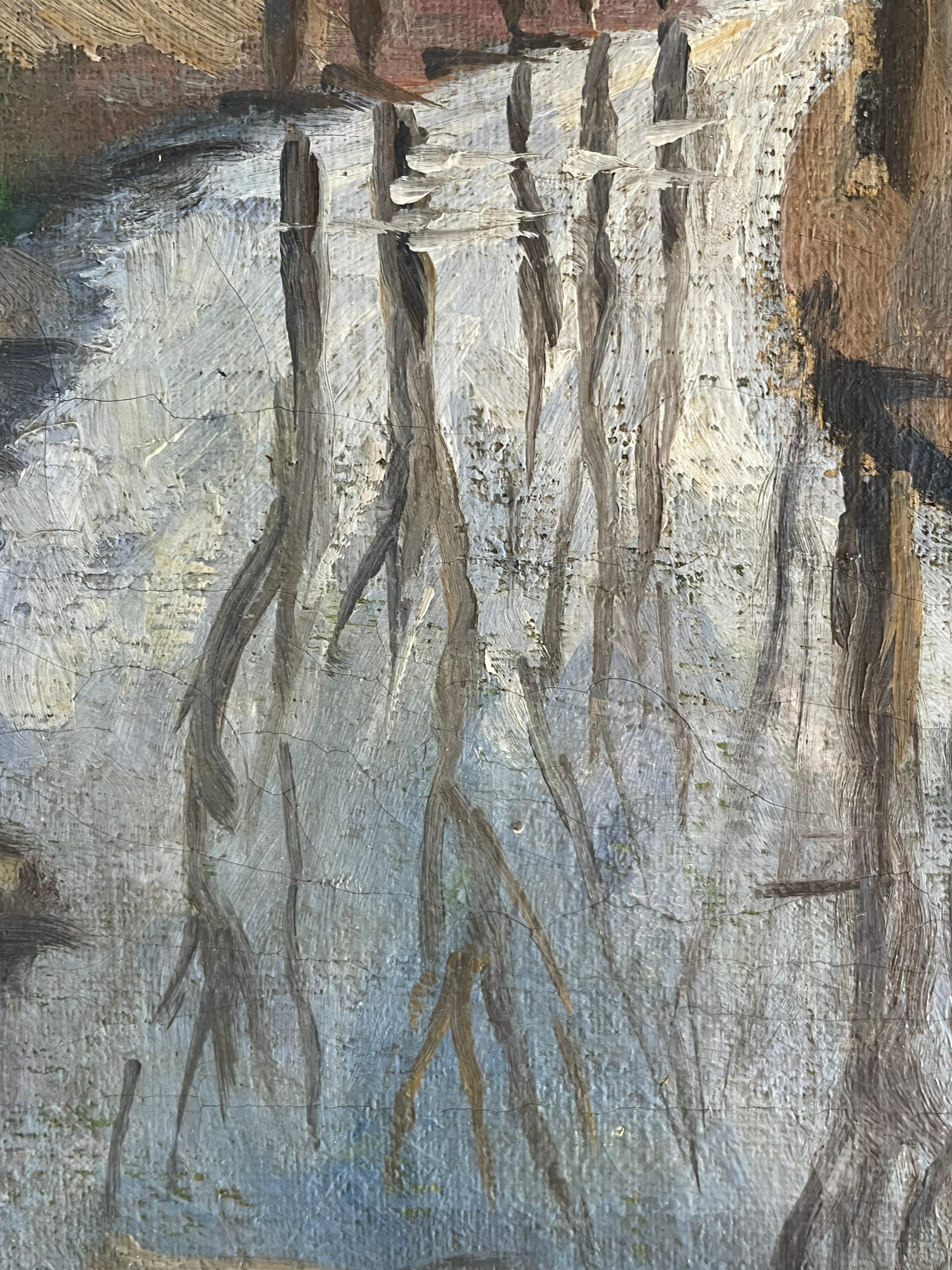 Ancienne peinture à l'huile danoise des années 1920 représentant un paysage avec des arbres nus et un ruisseau en vente 2