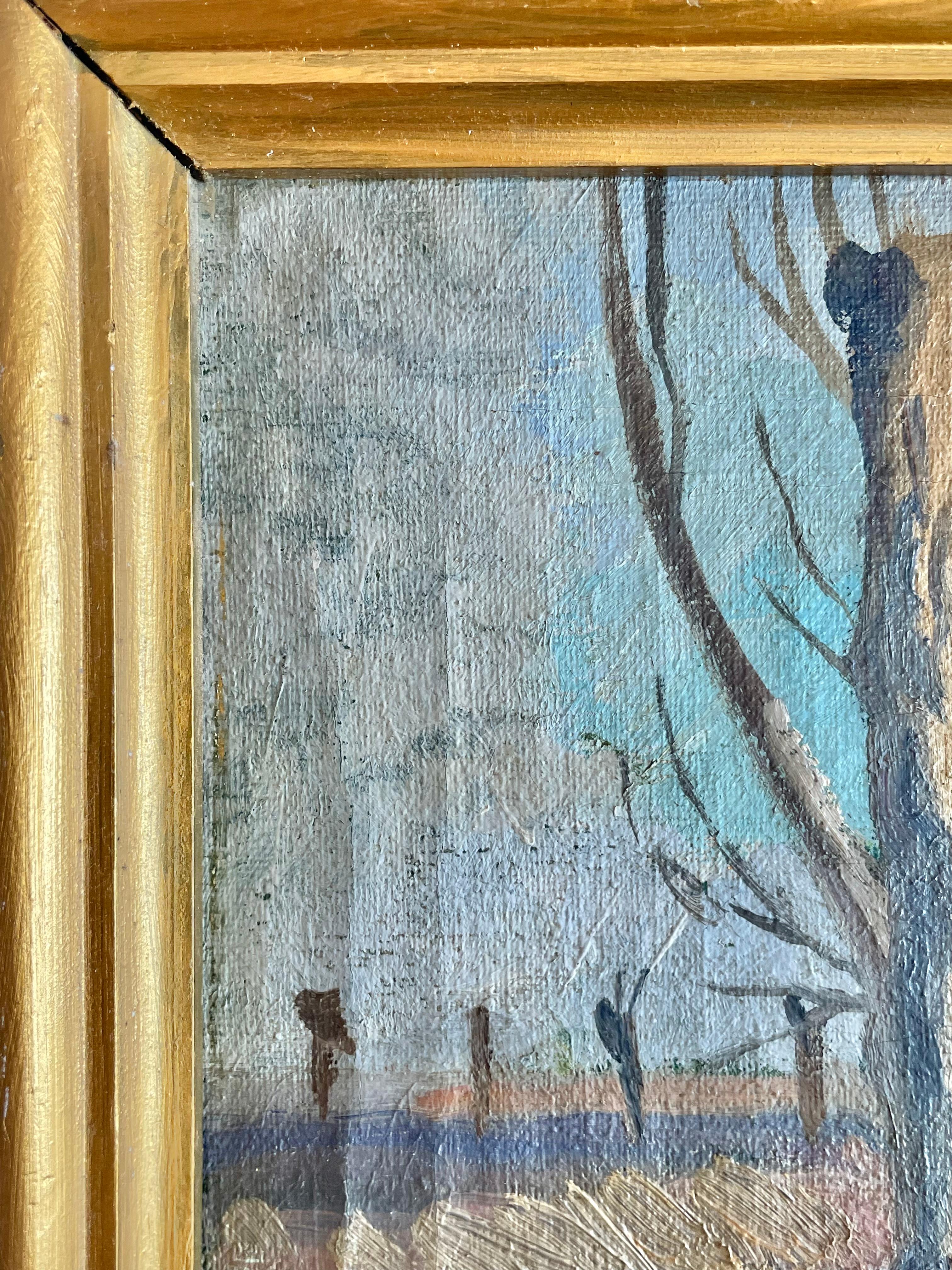 Ancienne peinture à l'huile danoise des années 1920 représentant un paysage avec des arbres nus et un ruisseau en vente 3