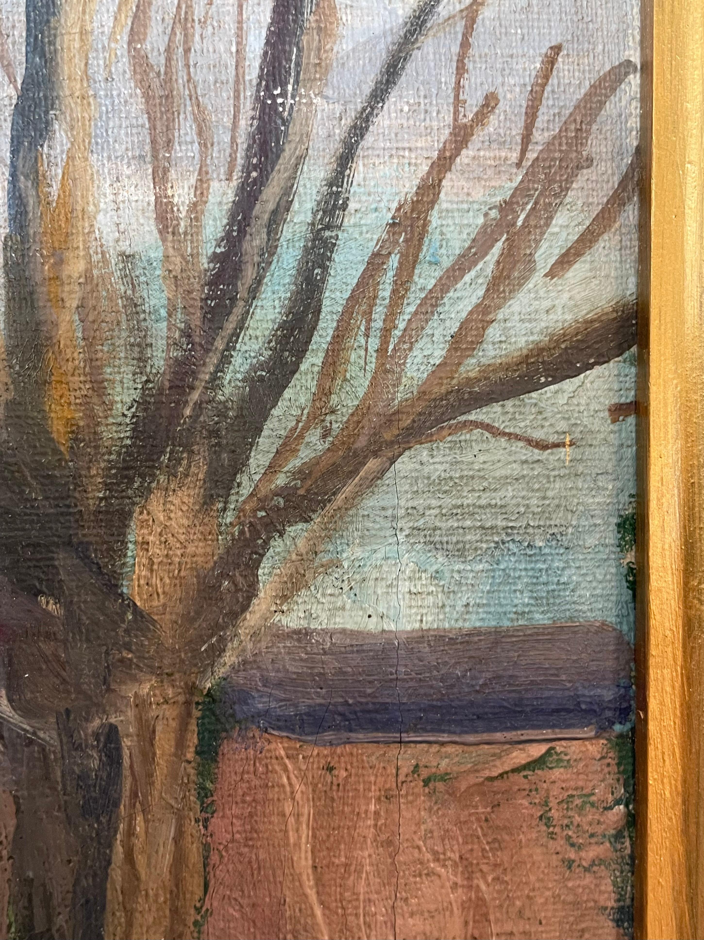 Ancienne peinture à l'huile danoise des années 1920 représentant un paysage avec des arbres nus et un ruisseau en vente 4