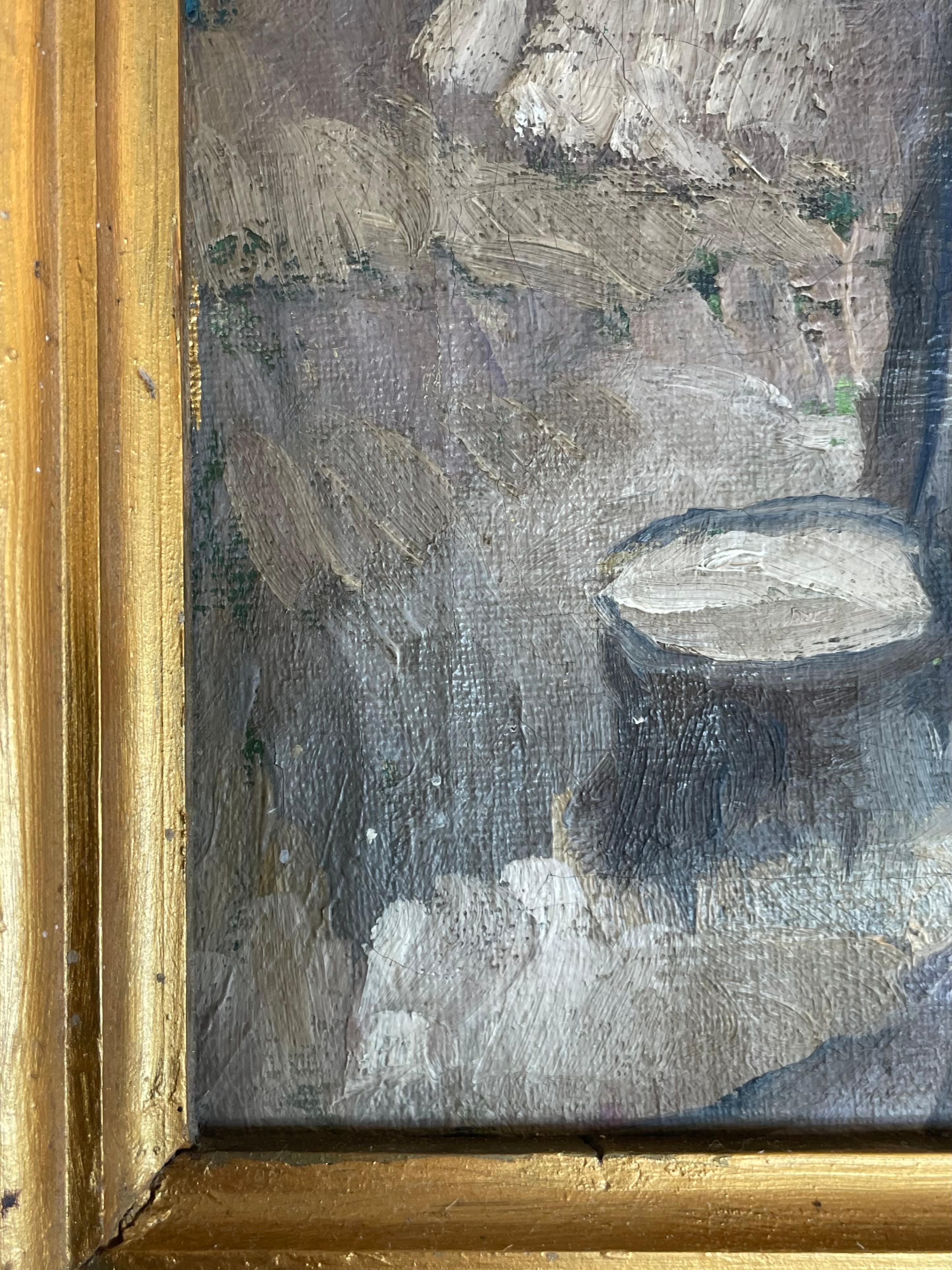 Ancienne peinture à l'huile danoise des années 1920 représentant un paysage avec des arbres nus et un ruisseau en vente 5