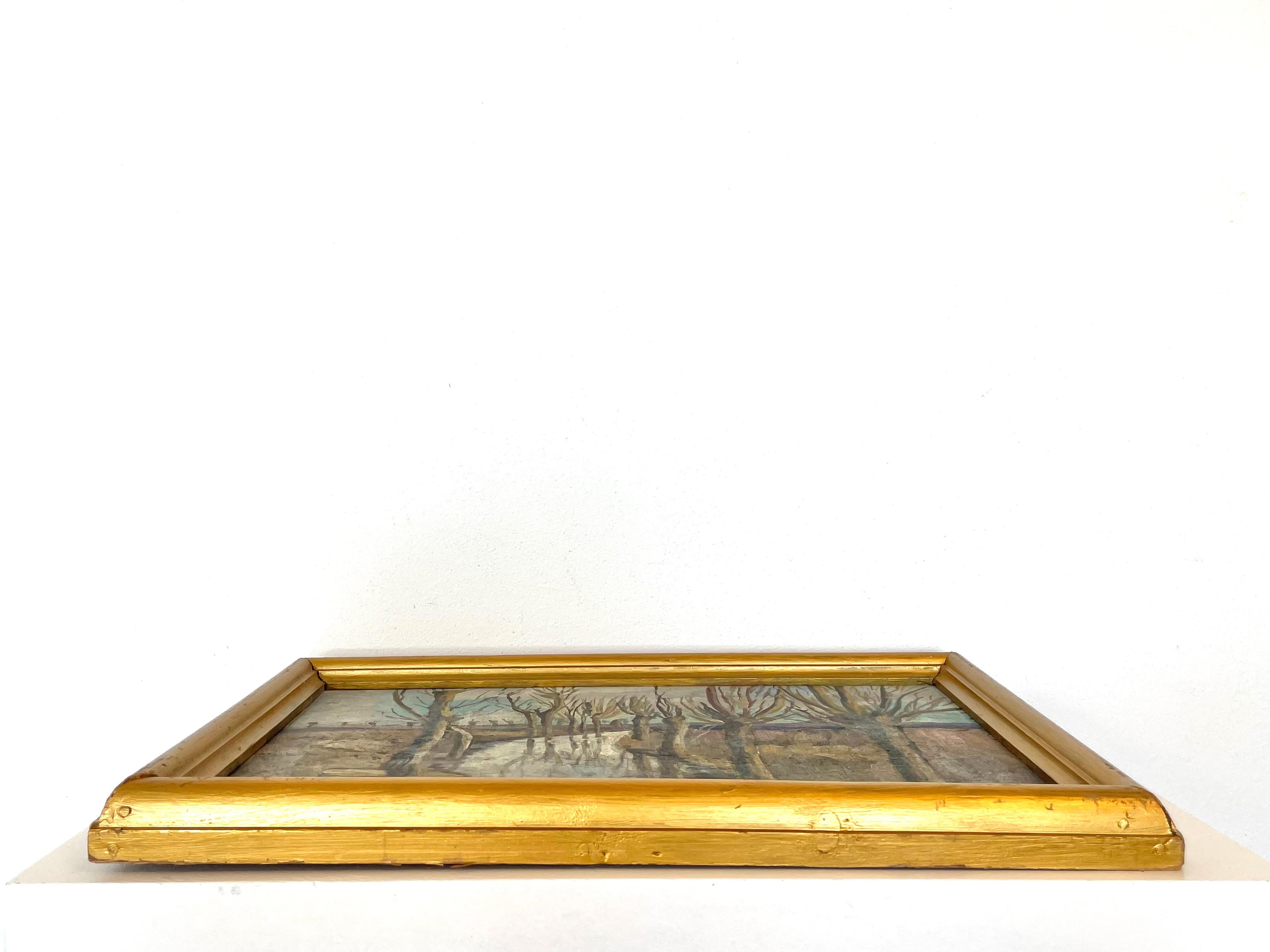 Ancienne peinture à l'huile danoise des années 1920 représentant un paysage avec des arbres nus et un ruisseau en vente 6