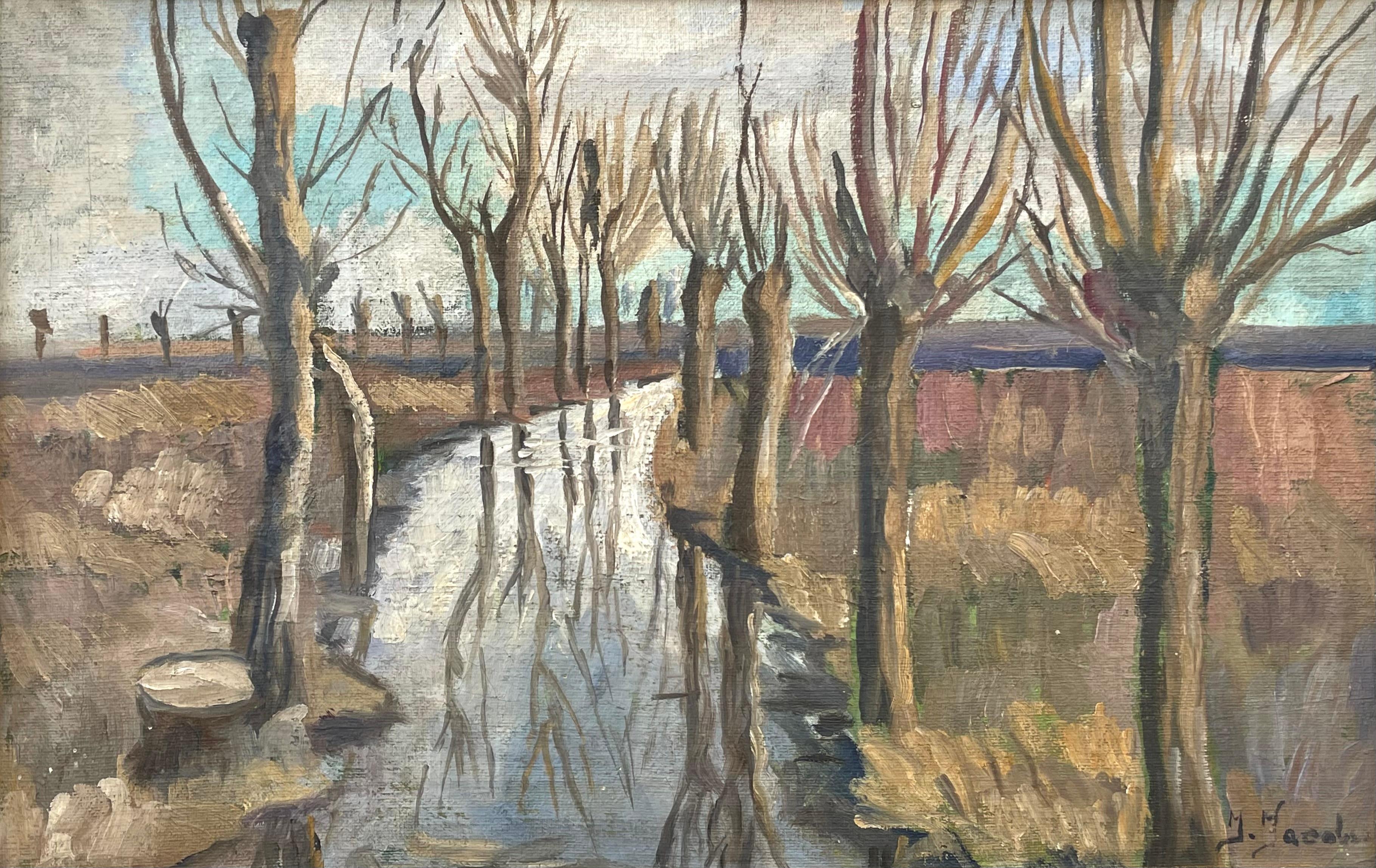 Paysage, huile sur toile, peinture post-impressionniste de l'artiste J. Jacobsen. 

Cette image représente un paysage rural avec un ruisseau ou une petite rivière flanquée d'arbres nus. La scène semble se dérouler à la fin de l'automne ou en hiver,