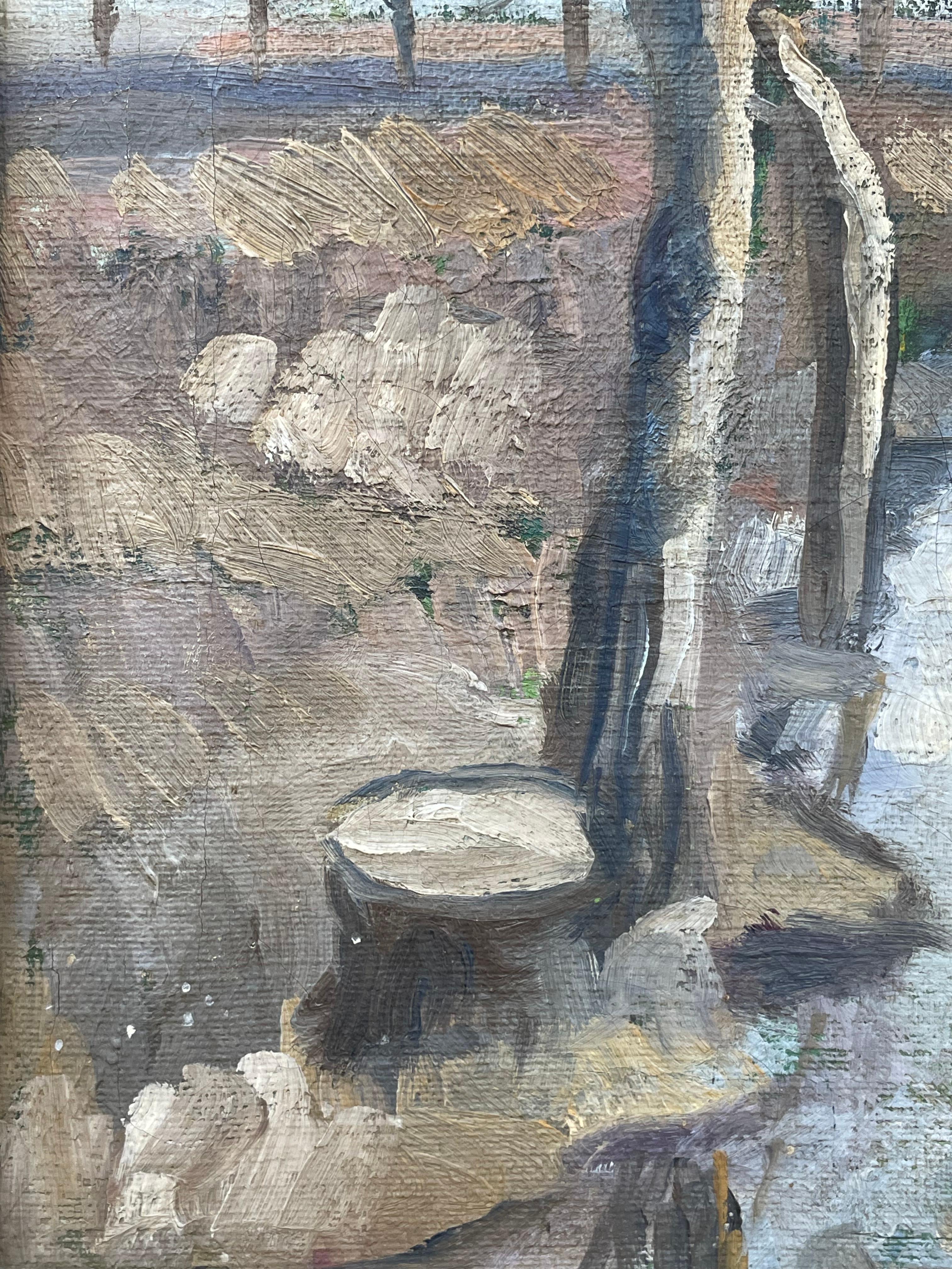 Danois Ancienne peinture à l'huile danoise des années 1920 représentant un paysage avec des arbres nus et un ruisseau en vente