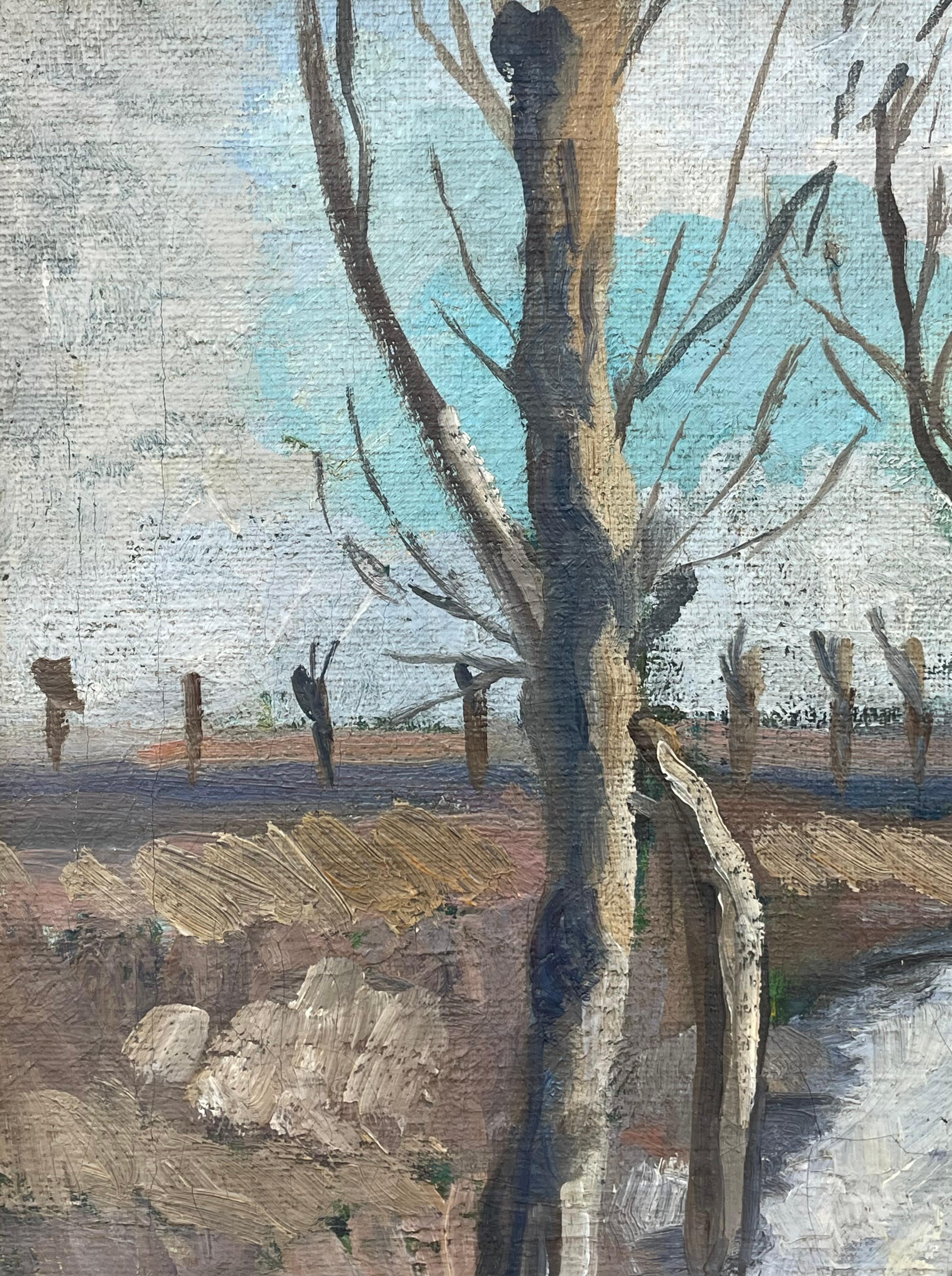 Peint Ancienne peinture à l'huile danoise des années 1920 représentant un paysage avec des arbres nus et un ruisseau en vente