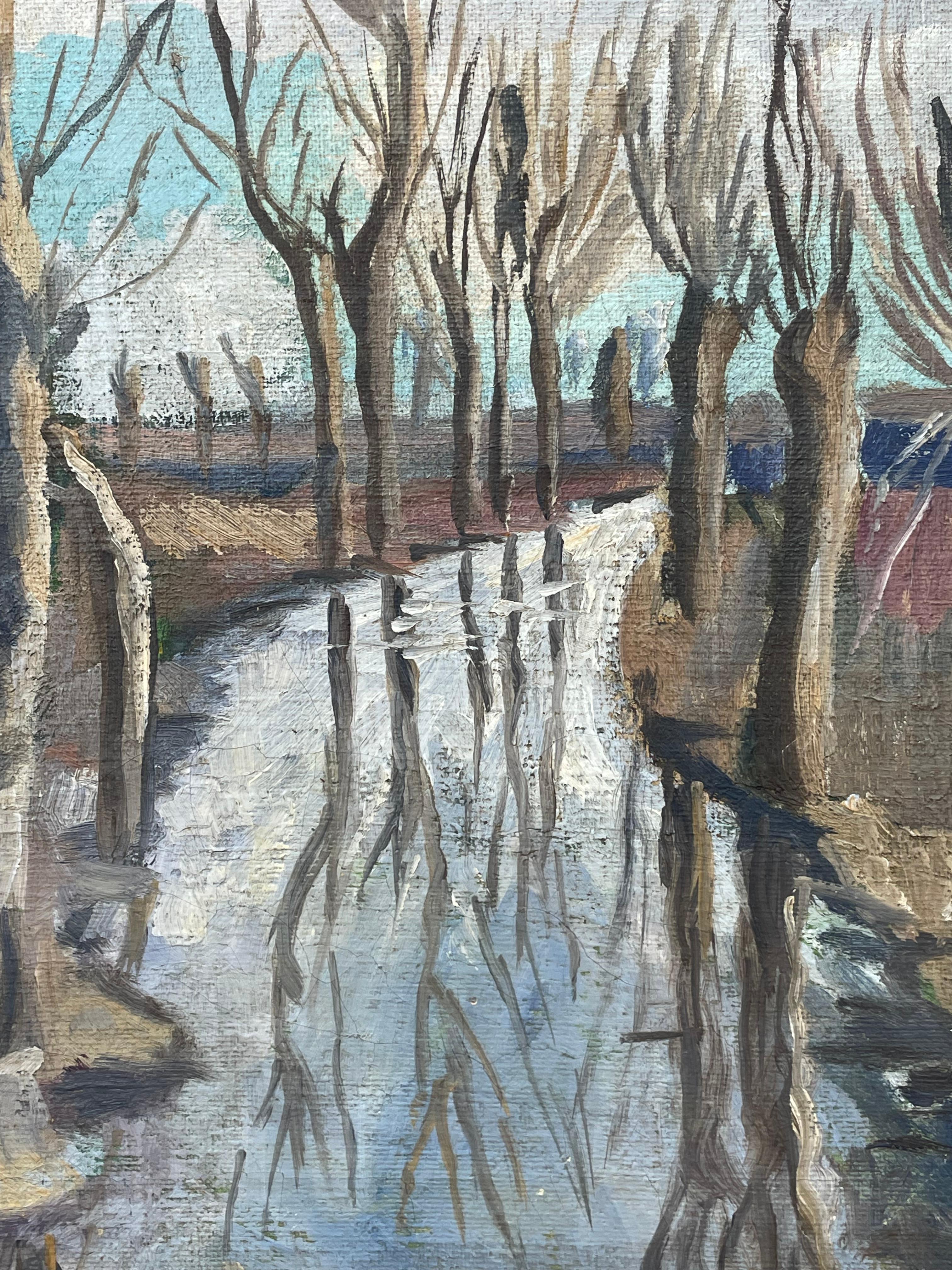 Ancienne peinture à l'huile danoise des années 1920 représentant un paysage avec des arbres nus et un ruisseau Bon état - En vente à Ebberup, DK