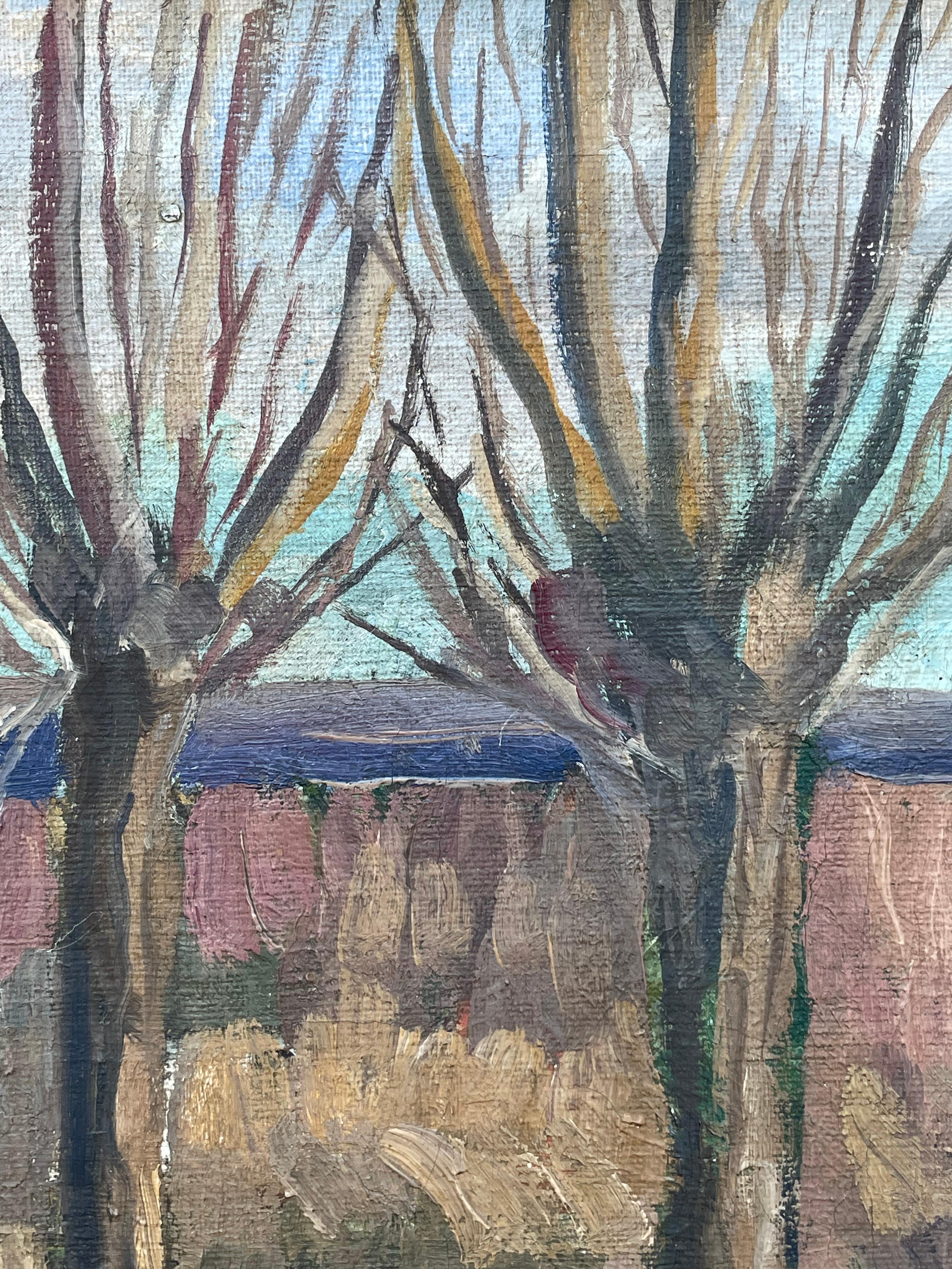 20ième siècle Ancienne peinture à l'huile danoise des années 1920 représentant un paysage avec des arbres nus et un ruisseau en vente