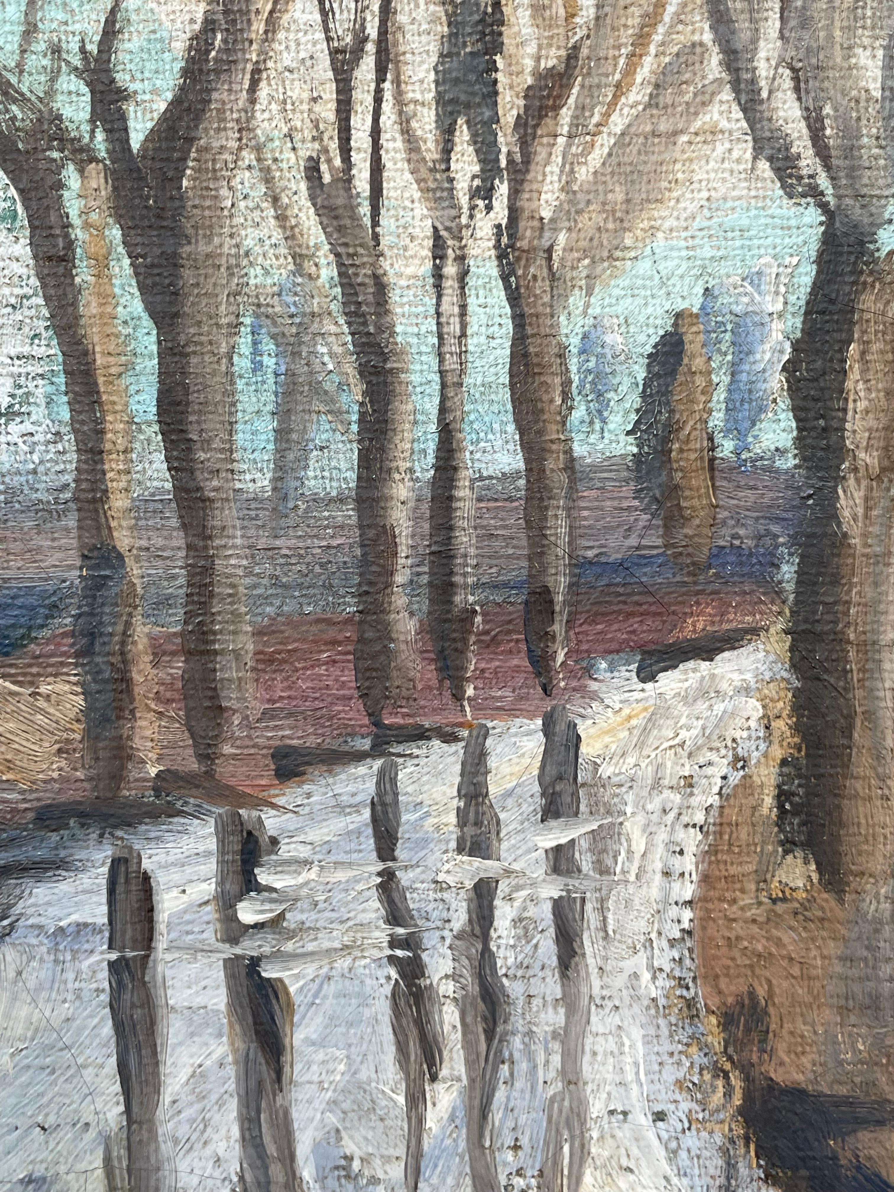 Bois Ancienne peinture à l'huile danoise des années 1920 représentant un paysage avec des arbres nus et un ruisseau en vente