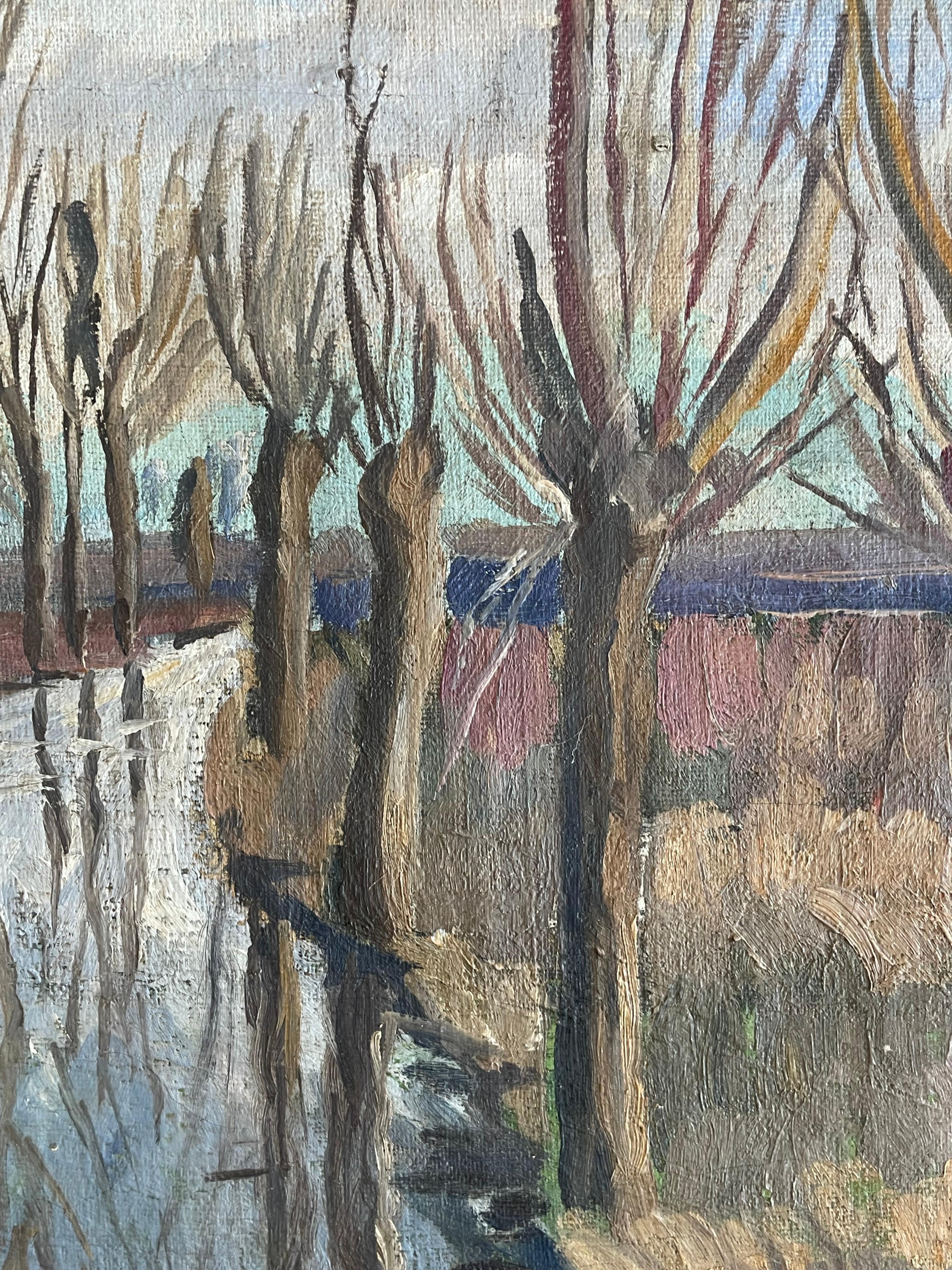 Ancienne peinture à l'huile danoise des années 1920 représentant un paysage avec des arbres nus et un ruisseau en vente 1