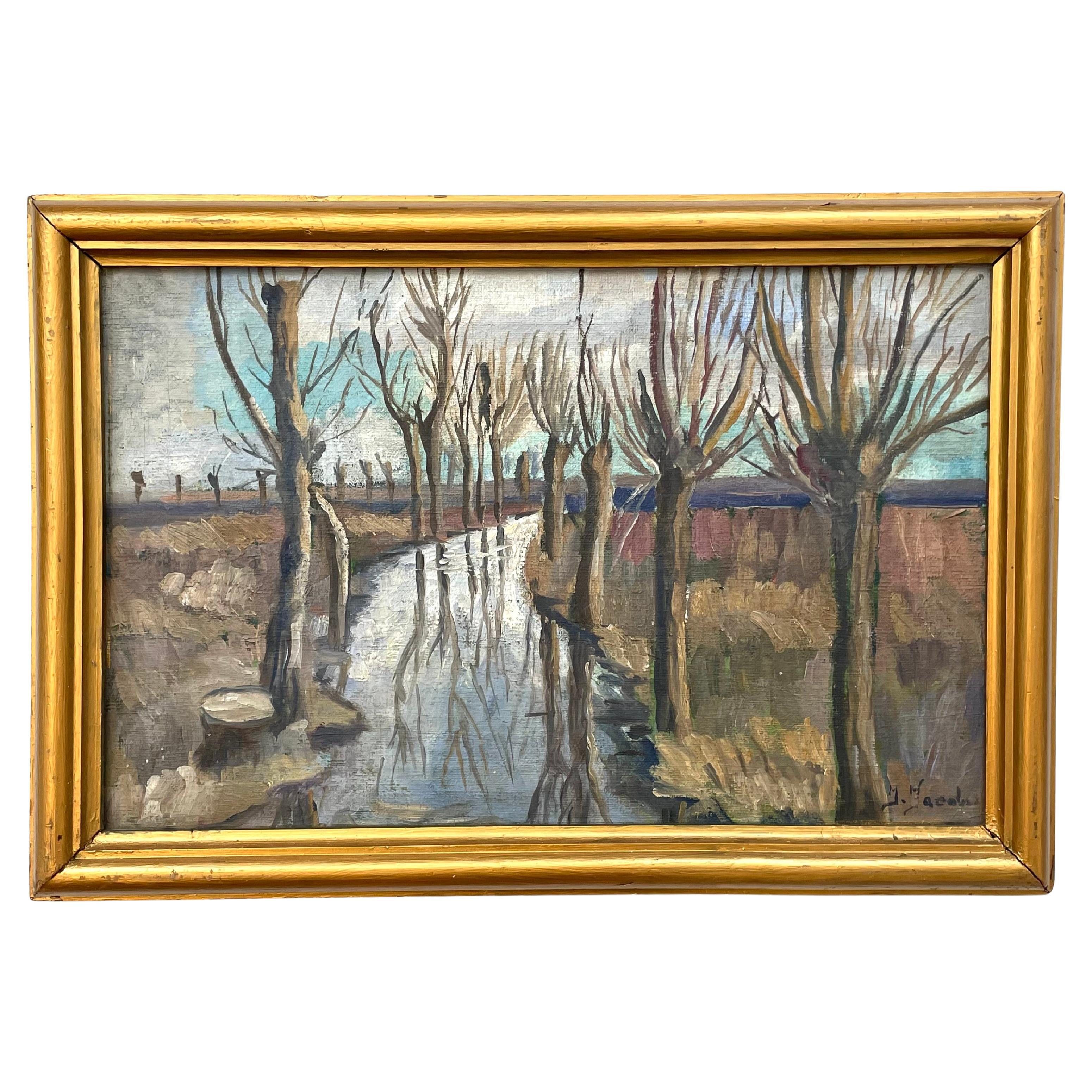 Ancienne peinture à l'huile danoise des années 1920 représentant un paysage avec des arbres nus et un ruisseau en vente