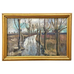 Antique Danish 1920s original landscape oil painting of naked trees and stream