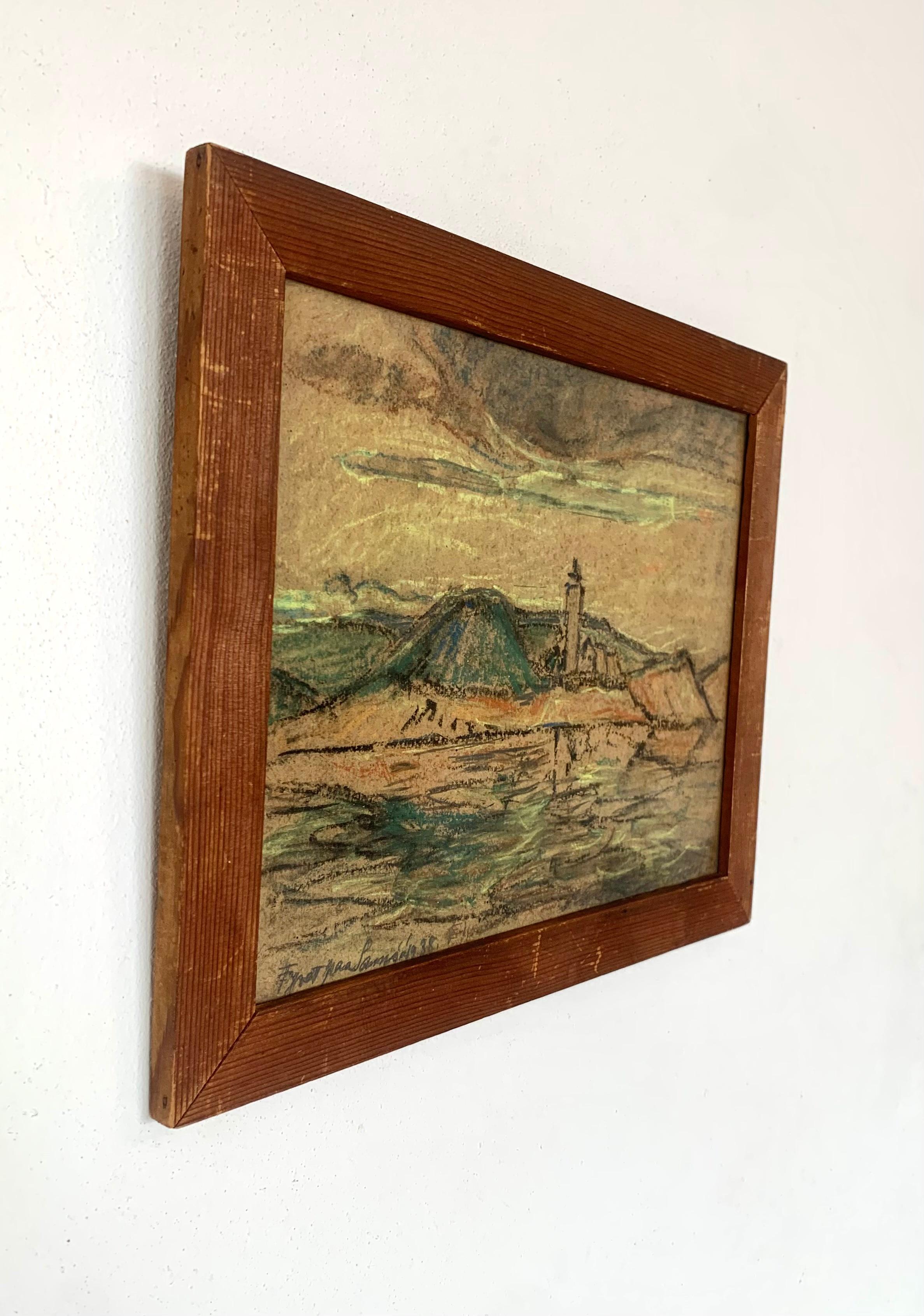 Art Déco Antico disegno danese del 1938 a pastello a olio di un paesaggio e di un faro a Samsoe in vendita