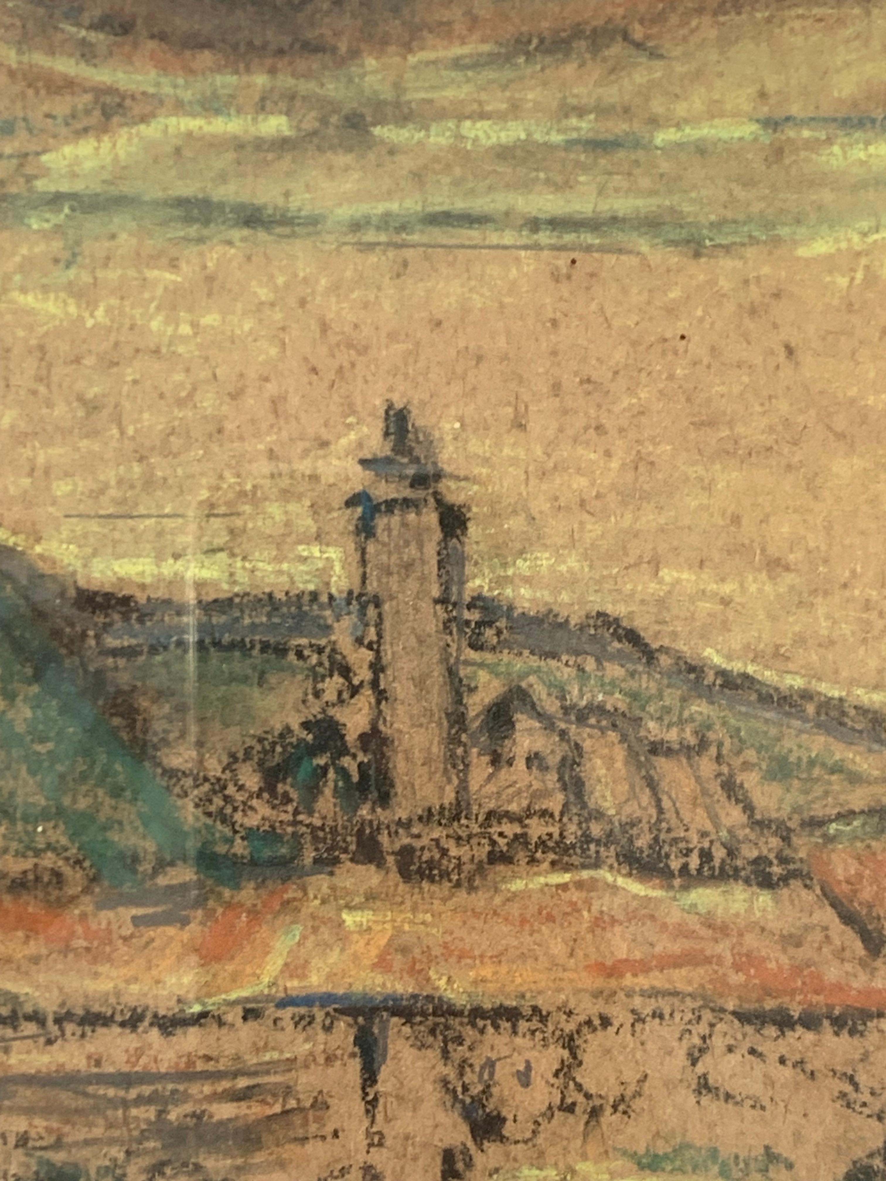 Danese Antico disegno danese del 1938 a pastello a olio di un paesaggio e di un faro a Samsoe in vendita