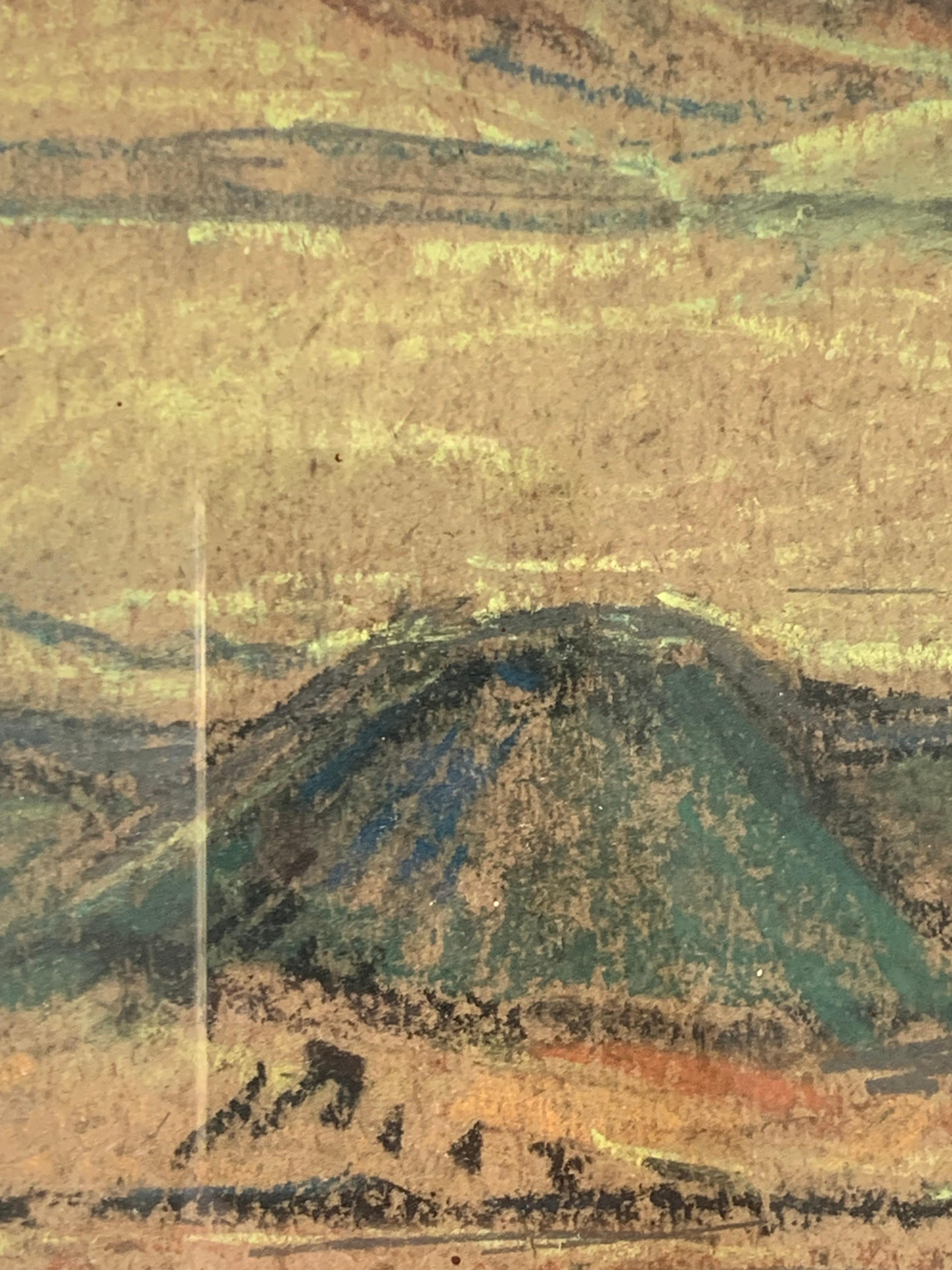 Dipinto Antico disegno danese del 1938 a pastello a olio di un paesaggio e di un faro a Samsoe in vendita