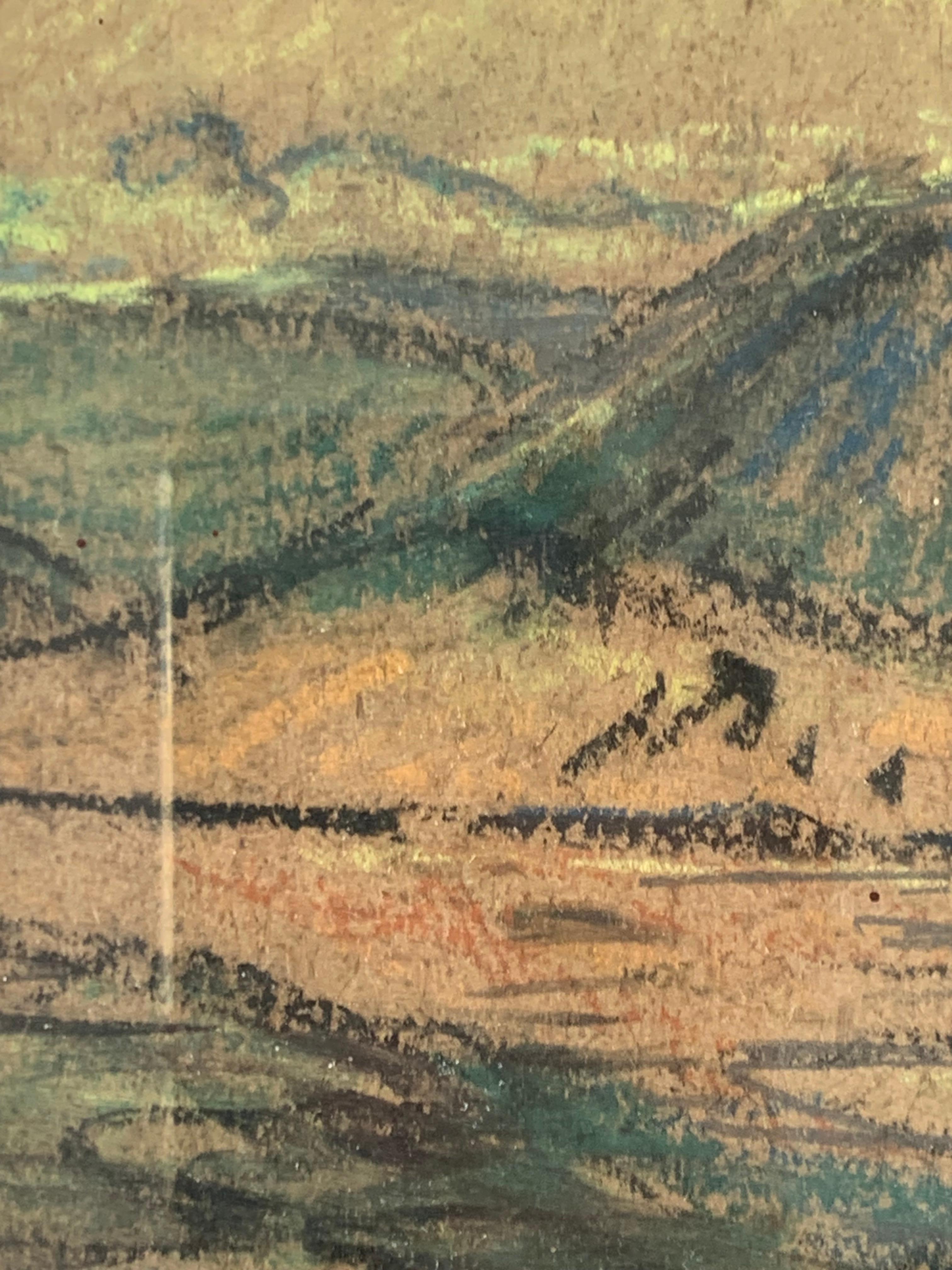 Vetro Antico disegno danese del 1938 a pastello a olio di un paesaggio e di un faro a Samsoe in vendita