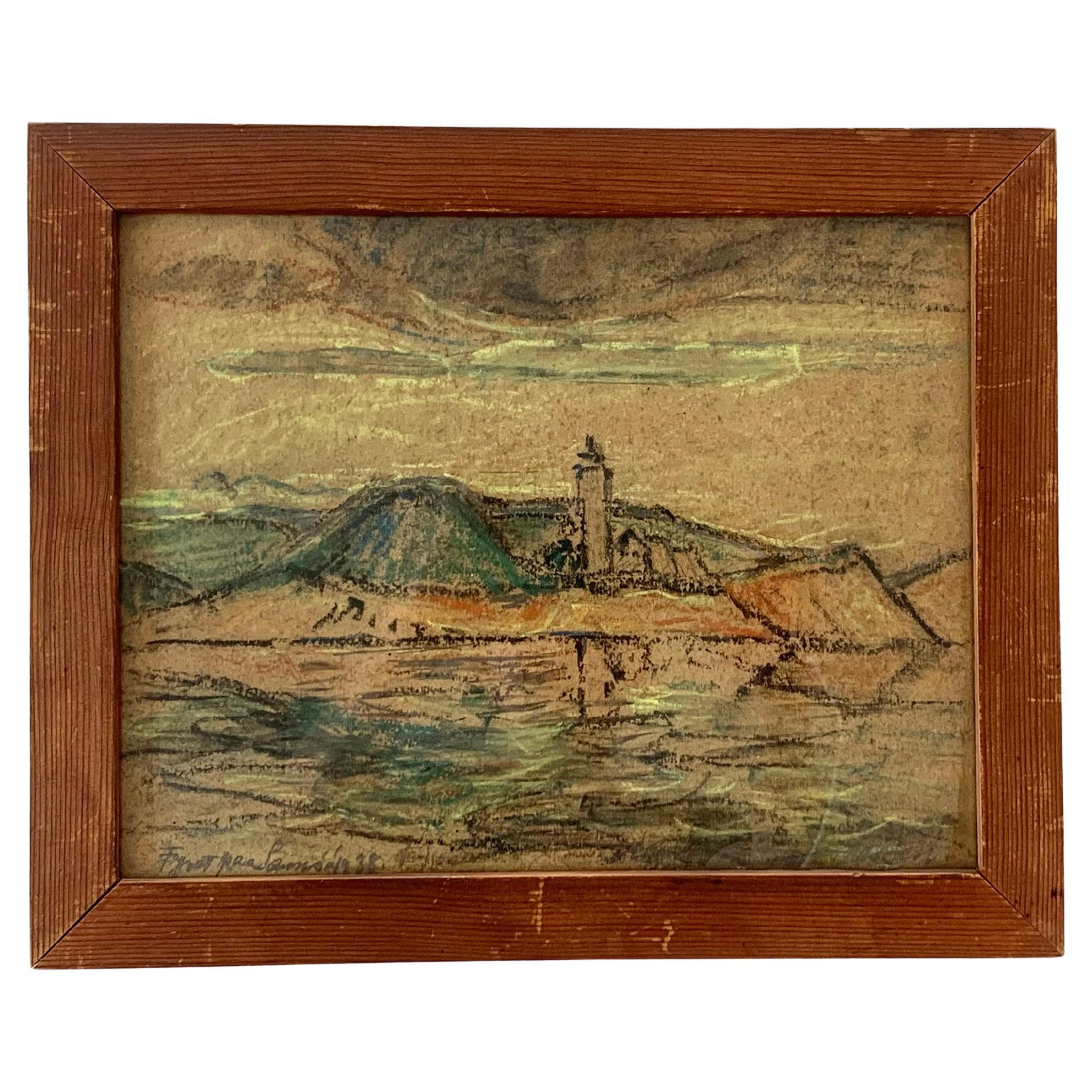 Antico disegno danese del 1938 a pastello a olio di un paesaggio e di un faro a Samsoe in vendita
