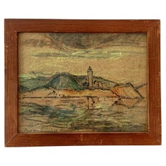 Ancien dessin danois au pastel à l'huile de 1938 représentant un paysage et un phare à Samsoe