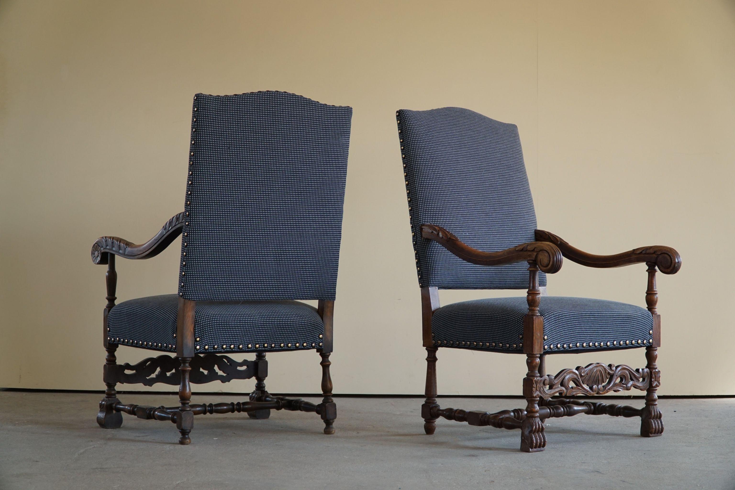 Romantic Antique Danish 19th Century Pair of Baroque Carved High Back Armchairs For Sale