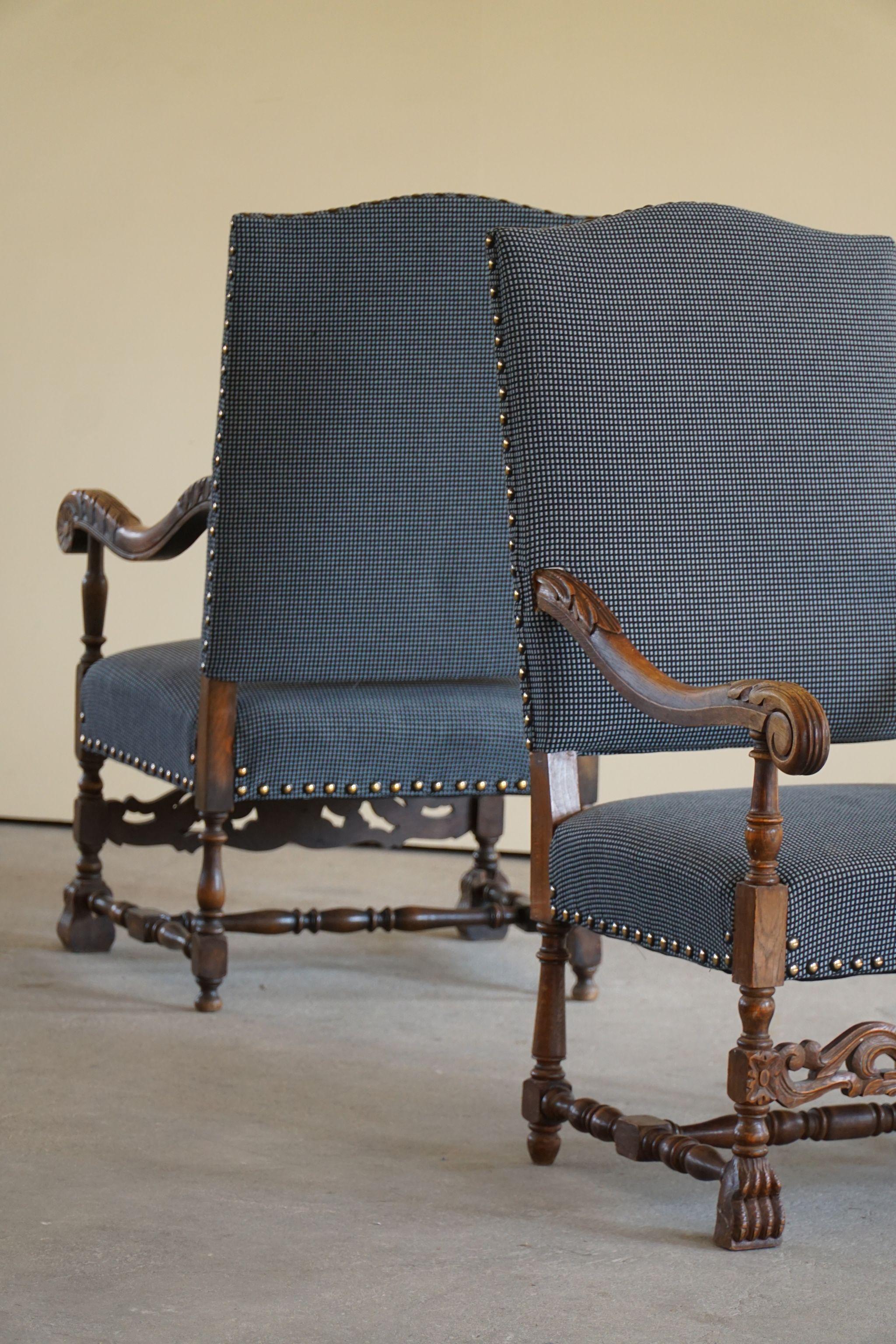 Oak Antique Danish 19th Century Pair of Baroque Carved High Back Armchairs For Sale