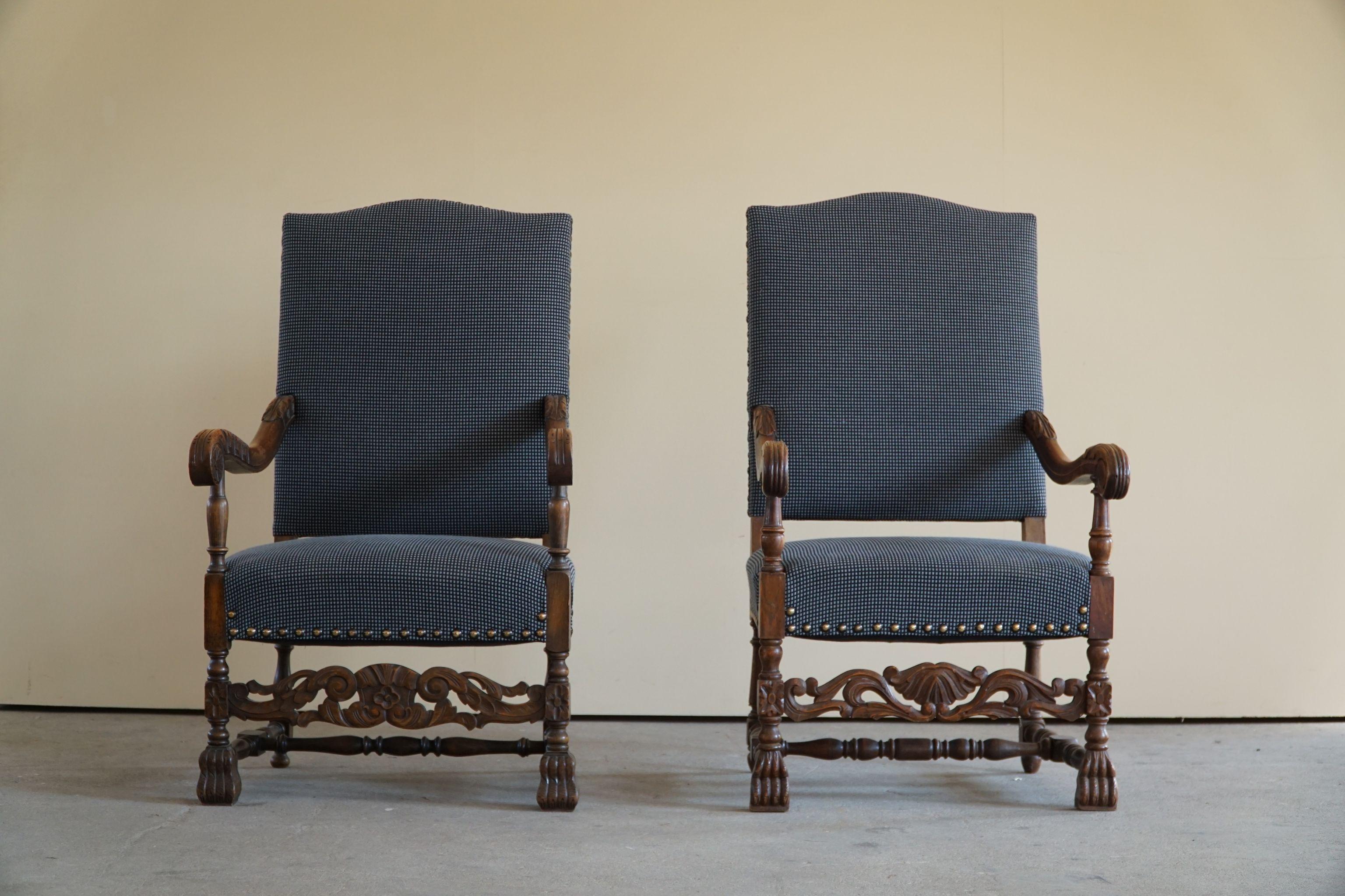 Antique Danish 19th Century Pair of Baroque Carved High Back Armchairs For Sale 1