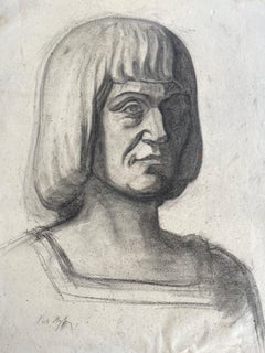 Antique Danish art academy charcoal drawing, bust length portrait, signed